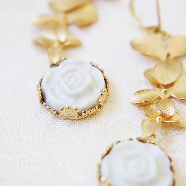 Poporcelain Porcelain Moonlight Rose & Triple Leaves Drop Earrings