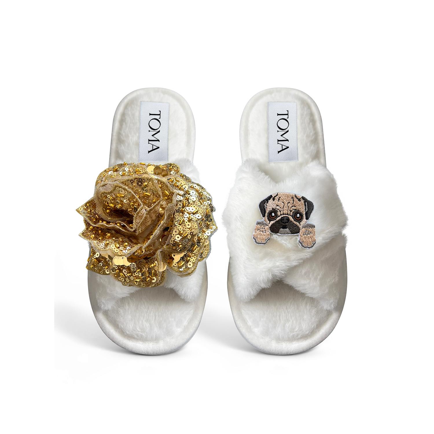 Toma Women's White Classic  Open Toe Gold Sequin Flower And Dog Two Slippers In Multi