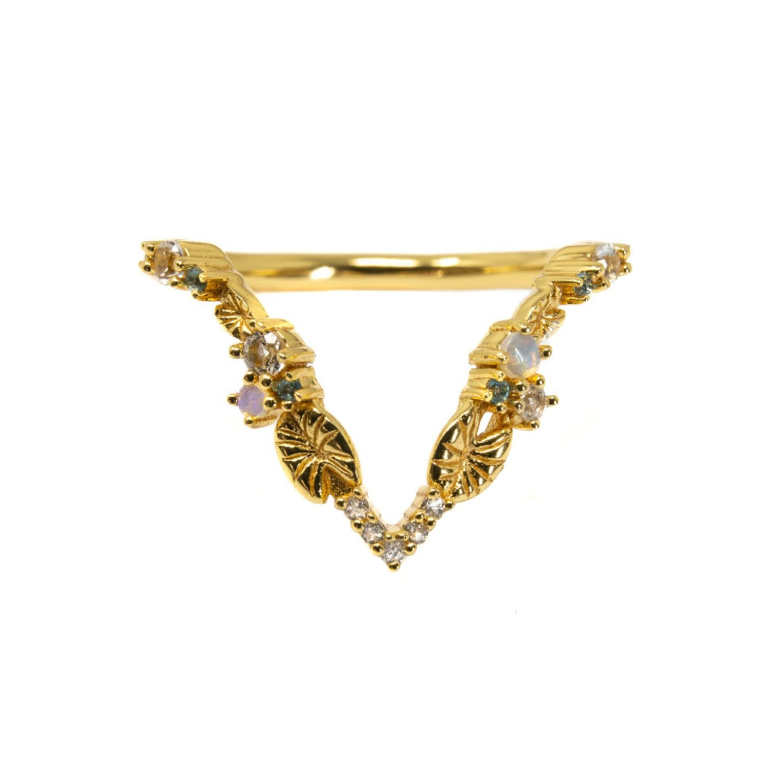 Nasi Silver Women's Gold / White Lilypad Ring- Opal & White Topaz- Gold In Multi