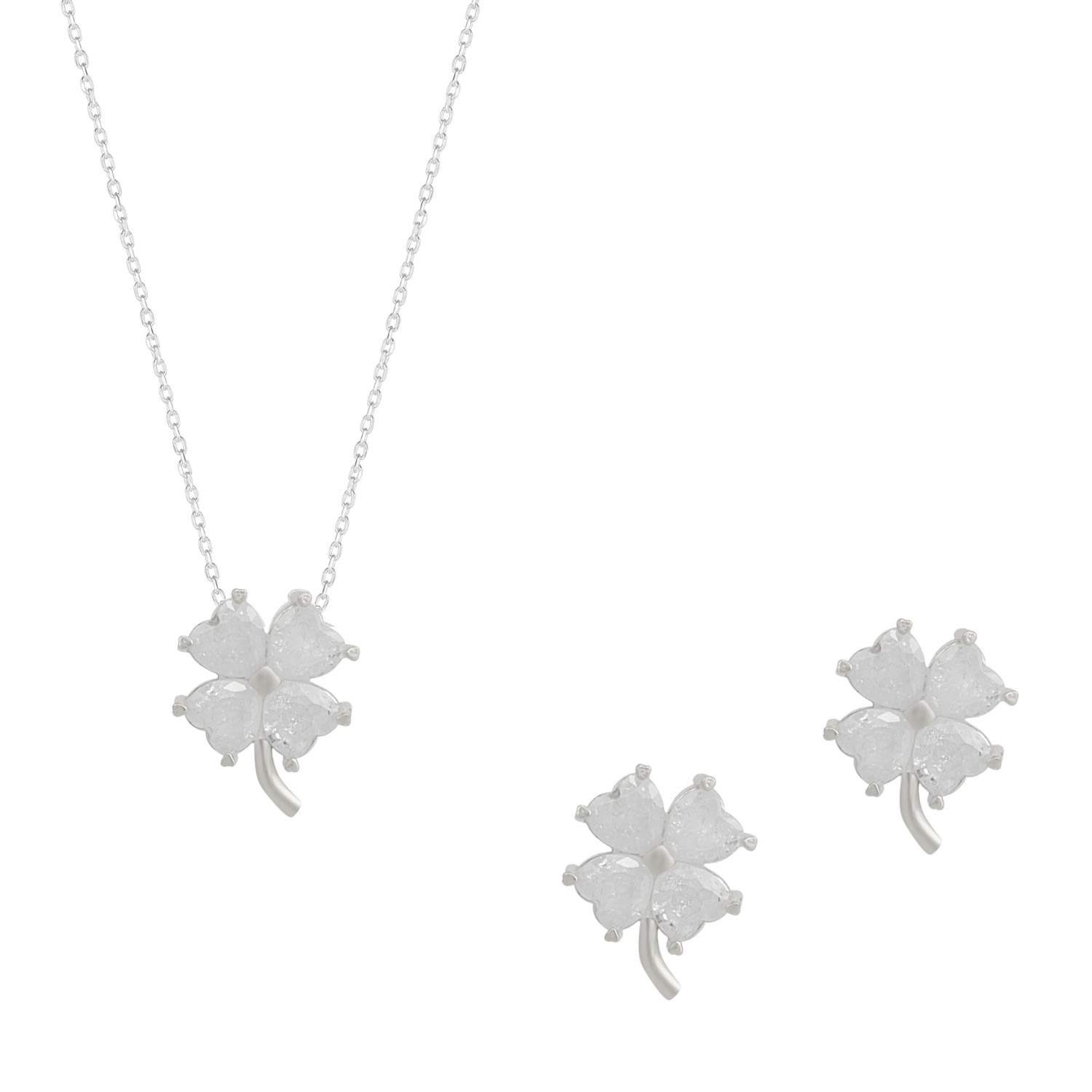 Spero London Women's Silver / White Four Leaf Clover Sterling Silver Necklace & Earring Set - White - Silver In Multi