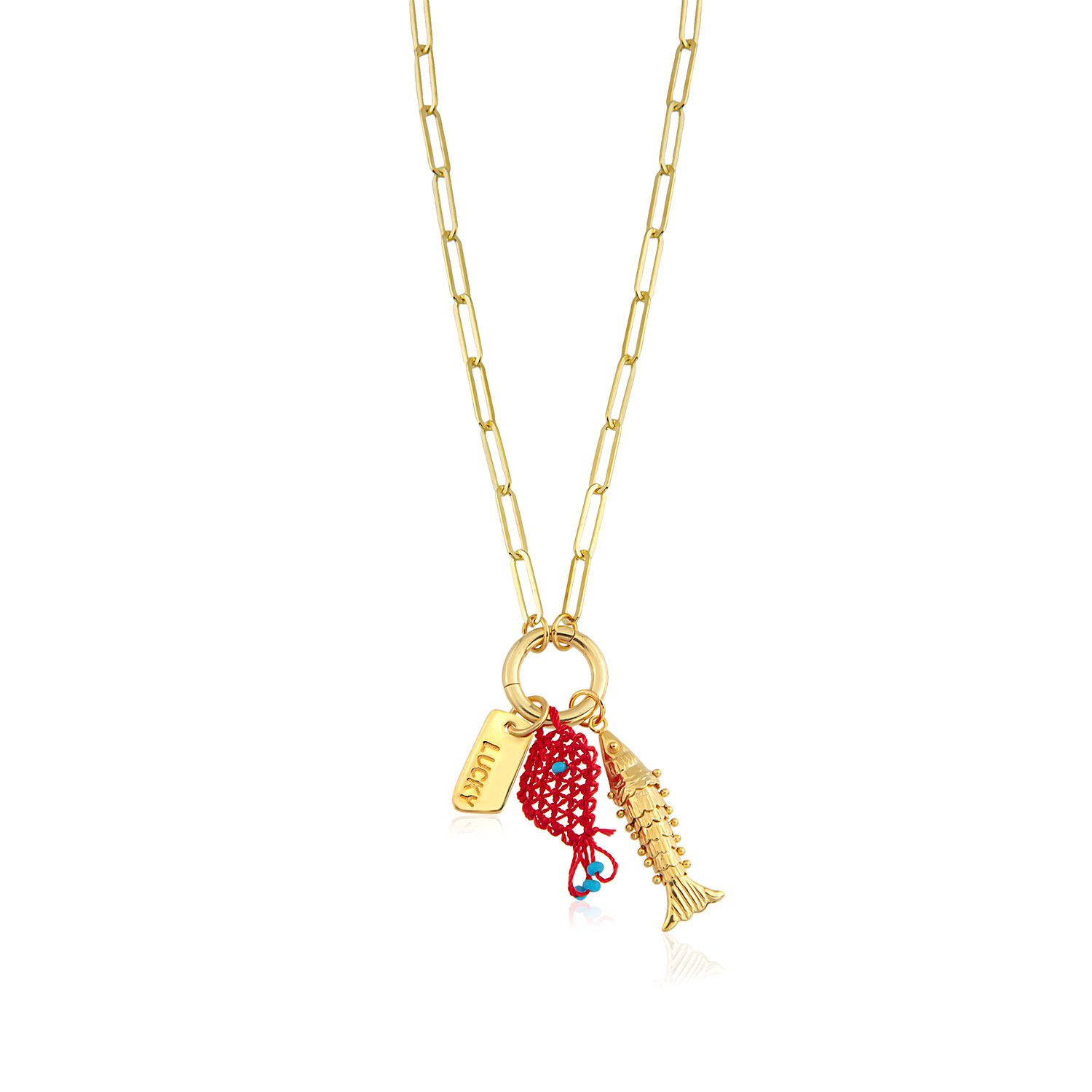 The Pheia Women's Gold Mixed Charm Necklace – Fish, Lucky, Net Fish In Gold