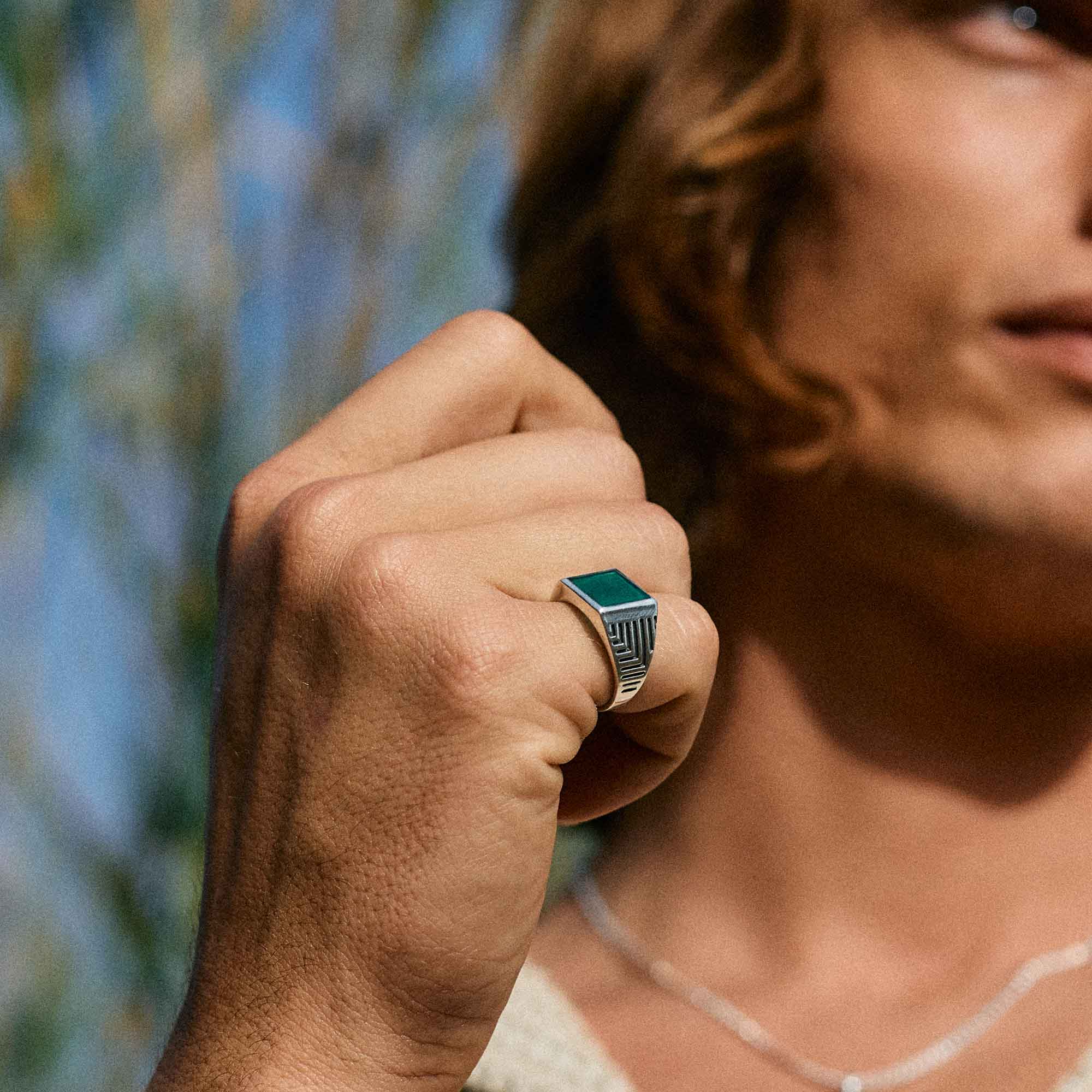 Sacred Universe Men's Silver Signet Ring - Green Onyx