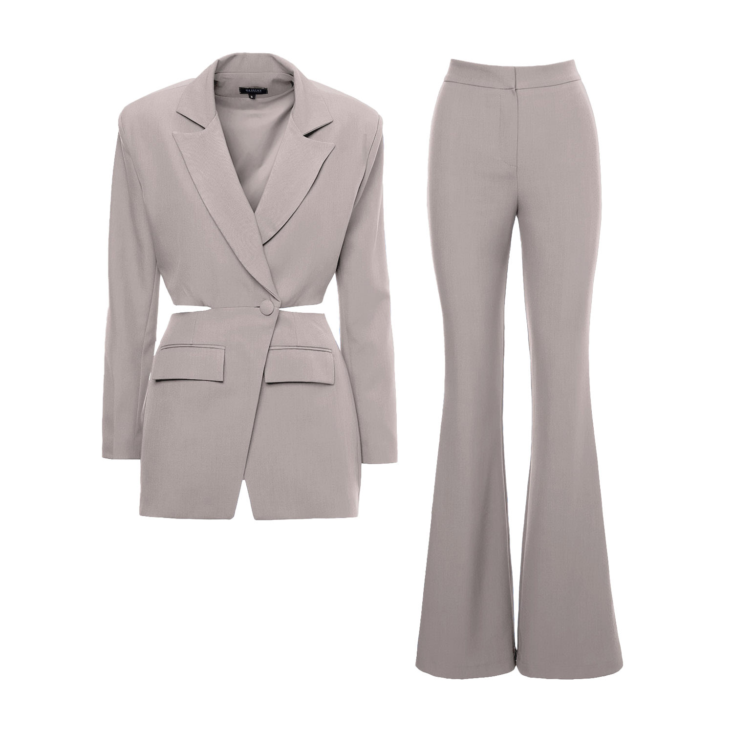 Bluzat Women's Neutrals Beige Suit With Blazer With Waistline Cut-out And Flared Trousers In Beige