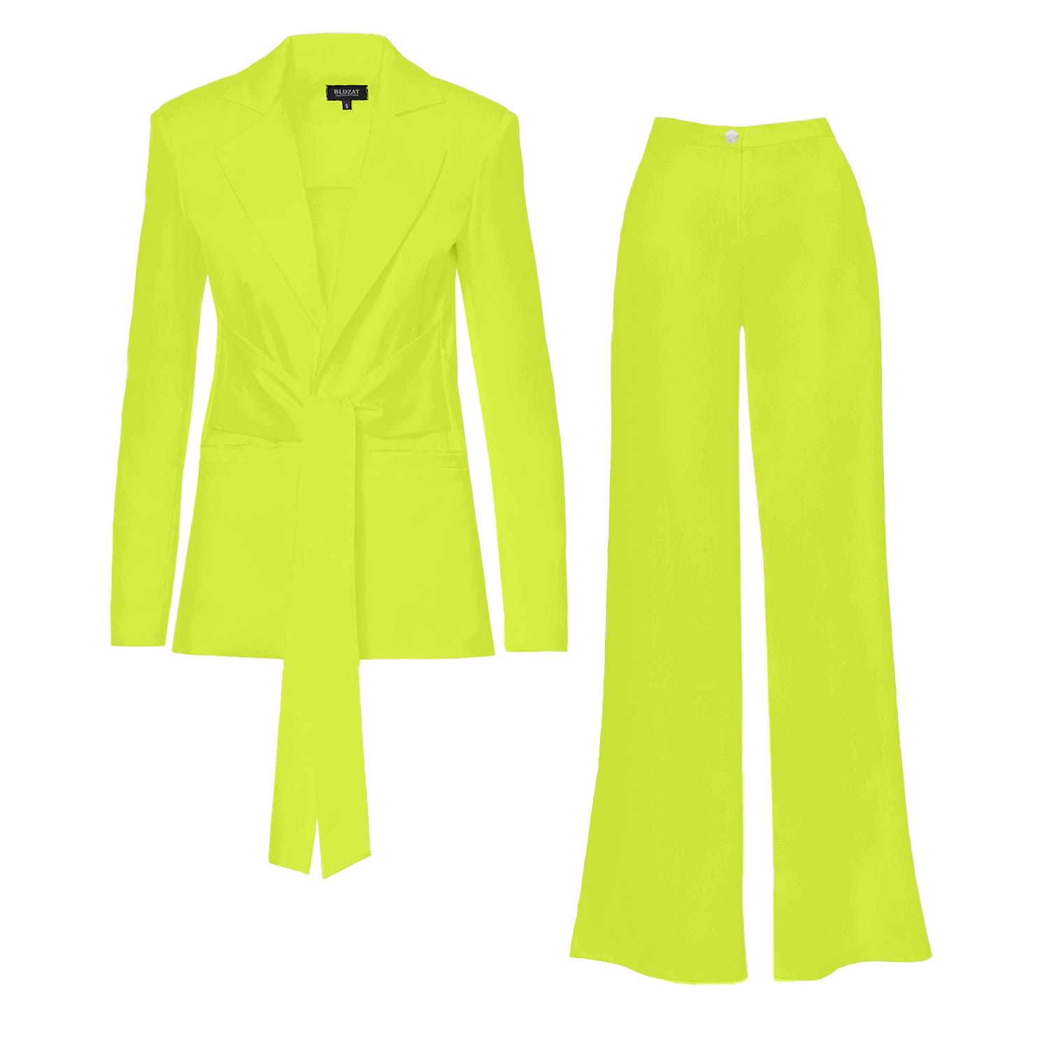 Bluzat Women's Neon Green Suit With Blazer With Scarves And Wide Leg Pants In Green