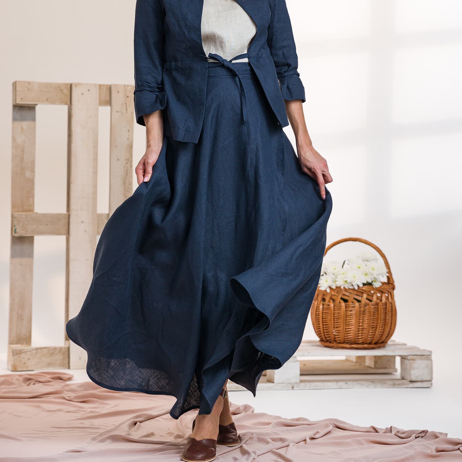 Linen Tulip Skirt With High Waist & Wrap Tie In Dark Blue