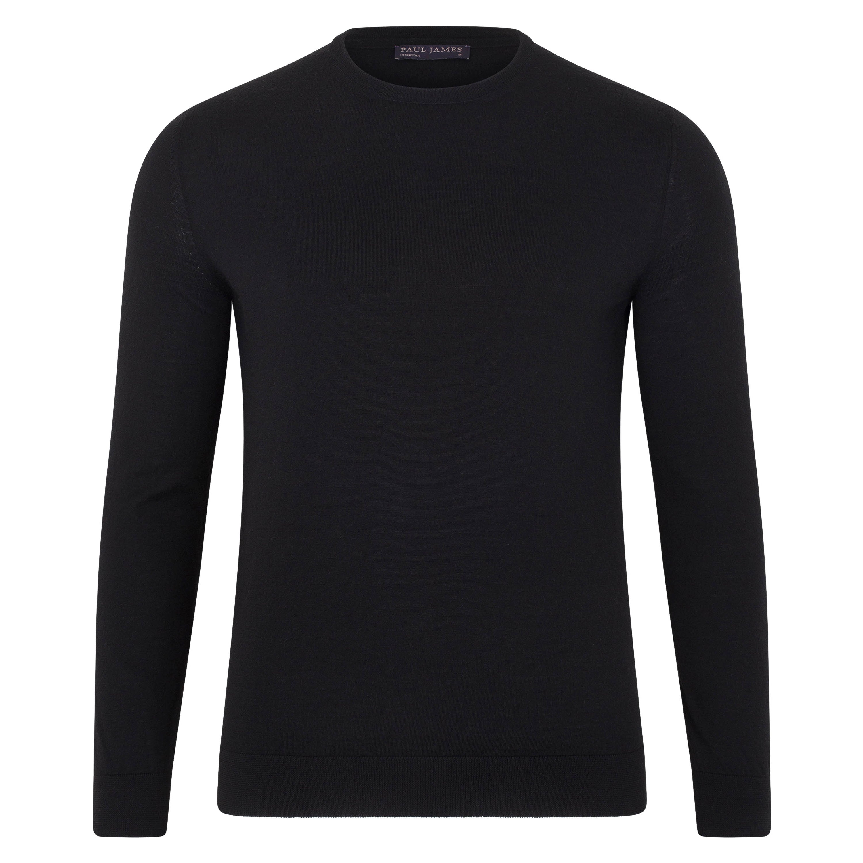 Mens Superfine Matteo Merino Silk Crew Neck Jumper - Black Medium Paul James Knitwear