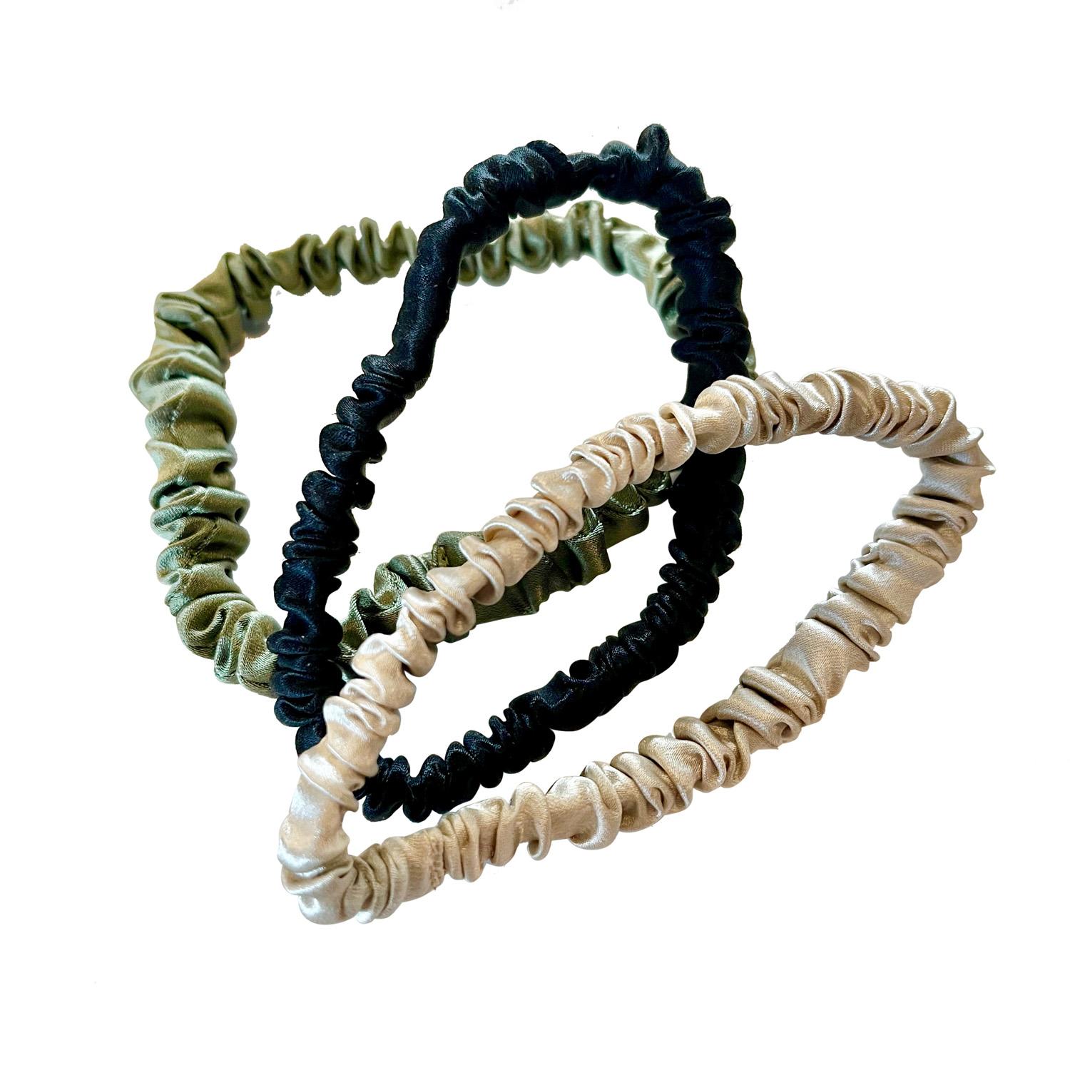 Women's Green Set Of Three Pure Mulberry Silk Skinny Scrunchies Weekly Special Hair Ties Olive Grove | One Size | Soft Strokes Silk