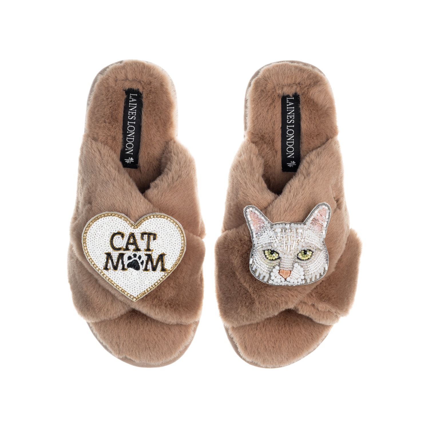 Laines London Women's Brown Classic Laines Slippers With White Lily Cat & Cat Mum / Mom Brooches - Toffee In Brown