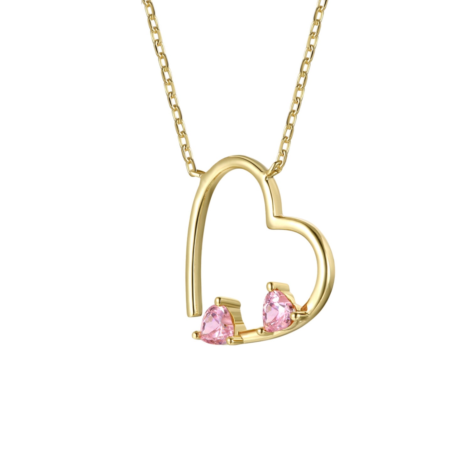 Women’s Gold / Pink / Purple Gold Plated Sterling Silver With Pink Cubic Zirconia Open Heart Layering Necklace Genevive Jewelry