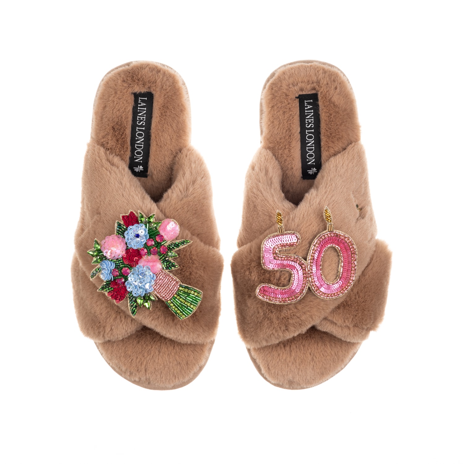 Laines London Women's Brown Classic Laines Slippers With 50th Birthday & Flowers Brooches - Toffee In Brown