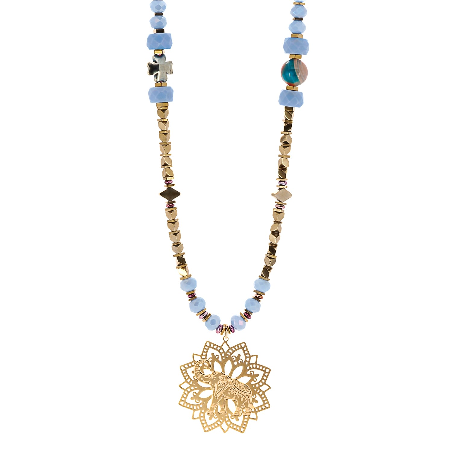 Women’s Gold / Blue Filigree Gold Lucky Elephant Pendant Hematite & Blue Beaded Necklace - Gold Ebru Jewelry