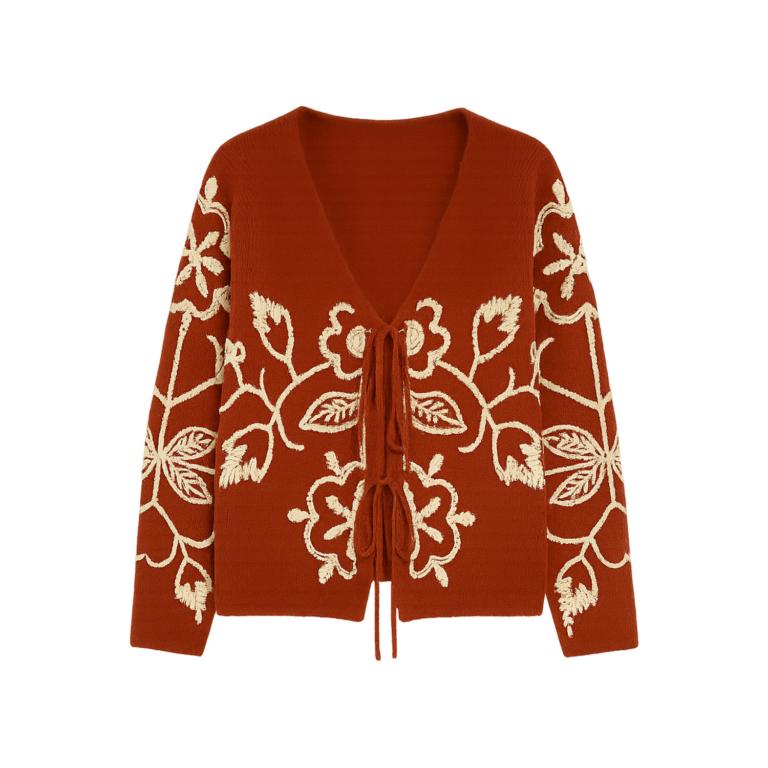 Yumi Women's  Brown Folk Embroidered Tie Front Cardigan In Brown