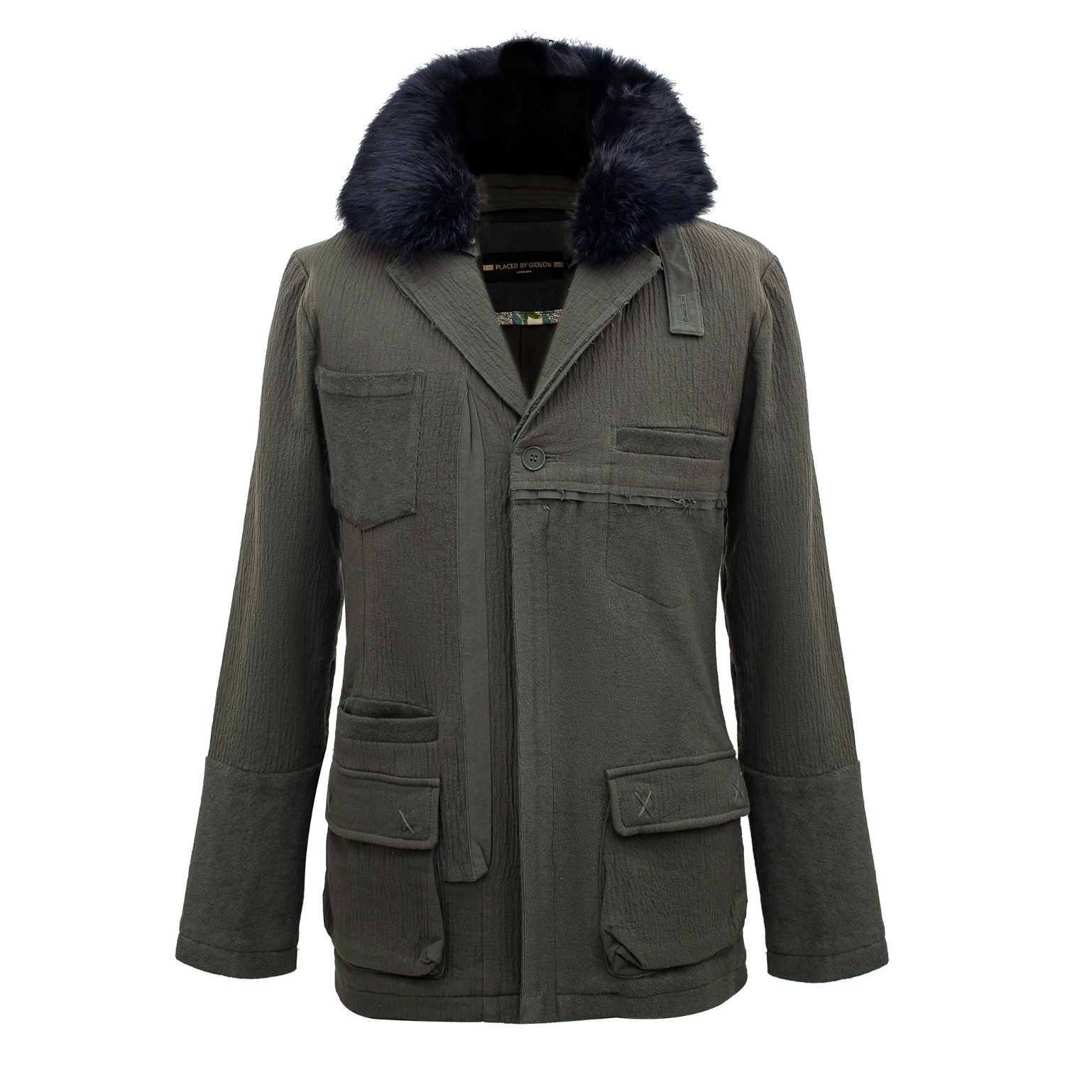 Men’s Green Coat In Mixed Materials And Faux Fur Collar Small Smart and Joy