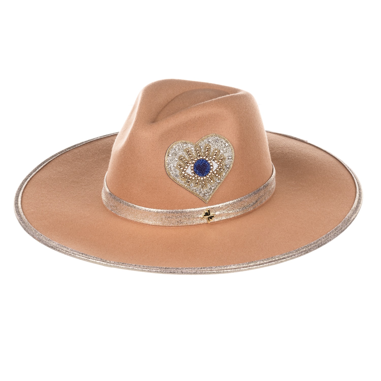 Women’s Neutrals Laines London Camel Couture Fedora Hat With Embellished Blue Heart Eye One Size