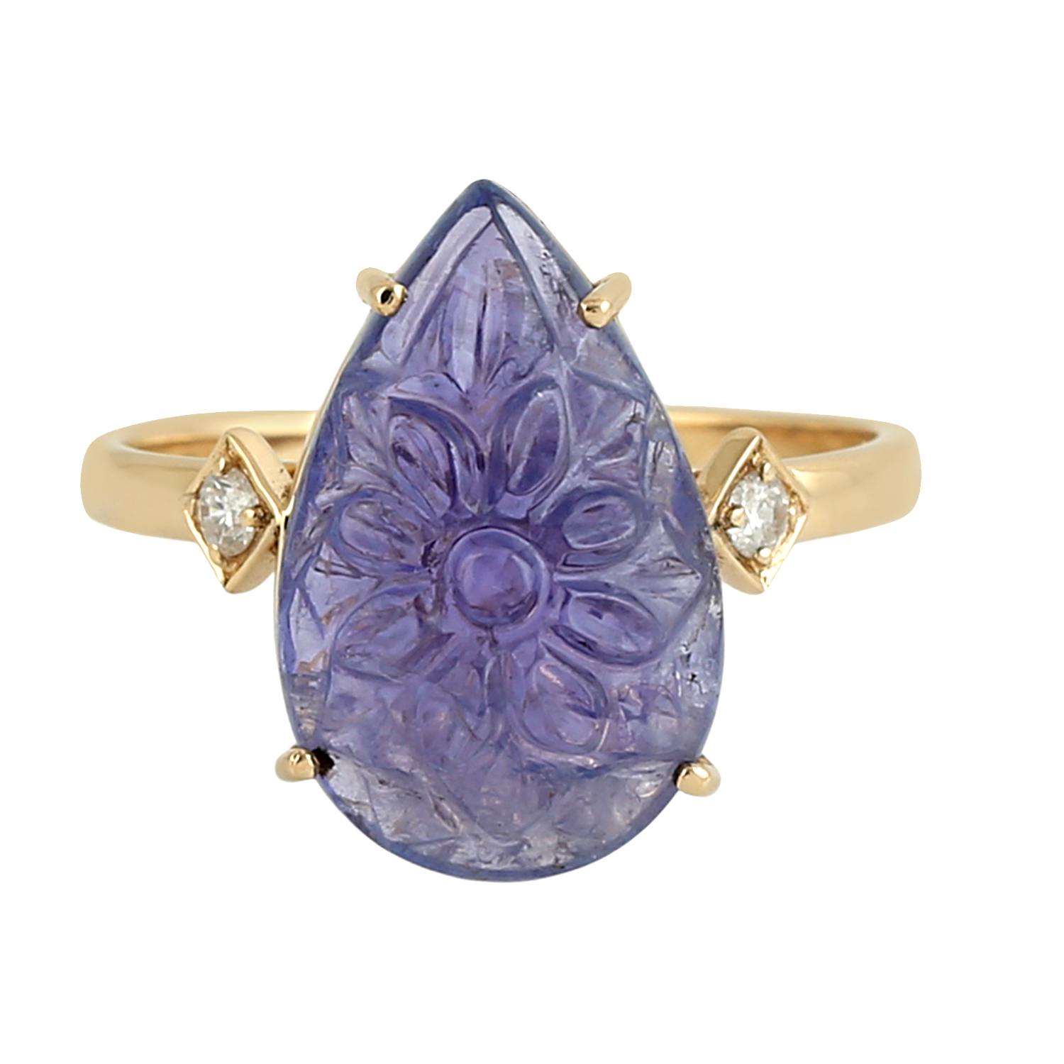 Artisan Women's Blue / White / Gold Tanzanite Gemstone Pave Diamond Pear Ring In Yellow Gold – Carved Fine J In Multi