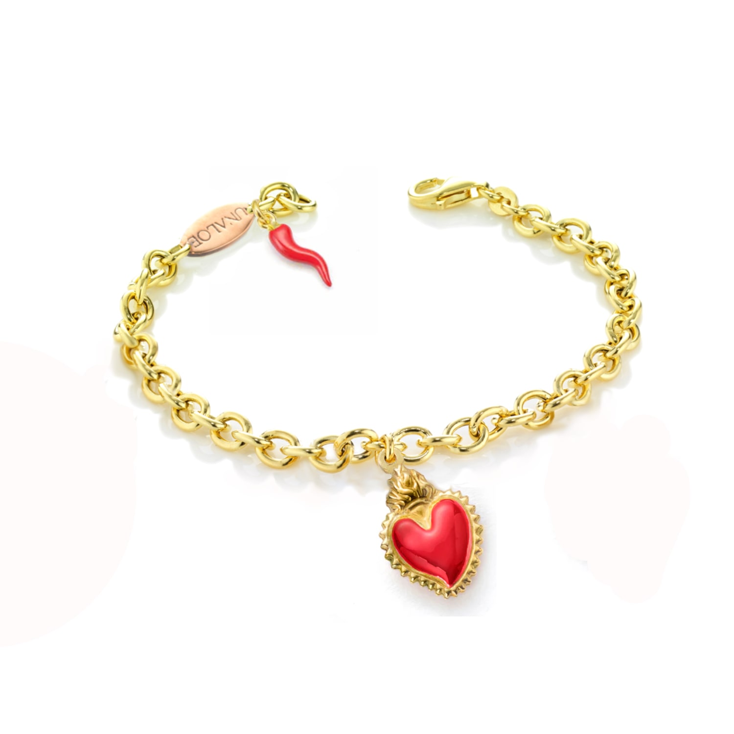 Unaloe Women's Gold / Red Gold-plated Silver Bracelet With Red Heart Pendants And Horn