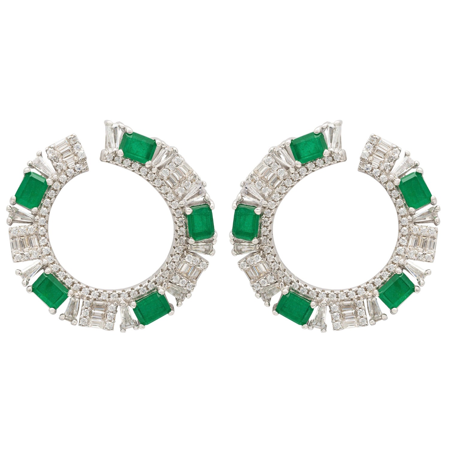 Women’s White / Silver / Green Freya Baguette Hoop Earrings Silver Emerald Latelita