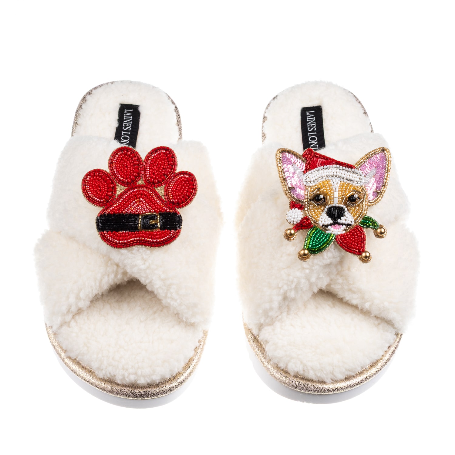 Laines London Women's Neutrals / White Laines Boucle Slippers With Christmas Chihuahua & Paw Brooches - Cream In White