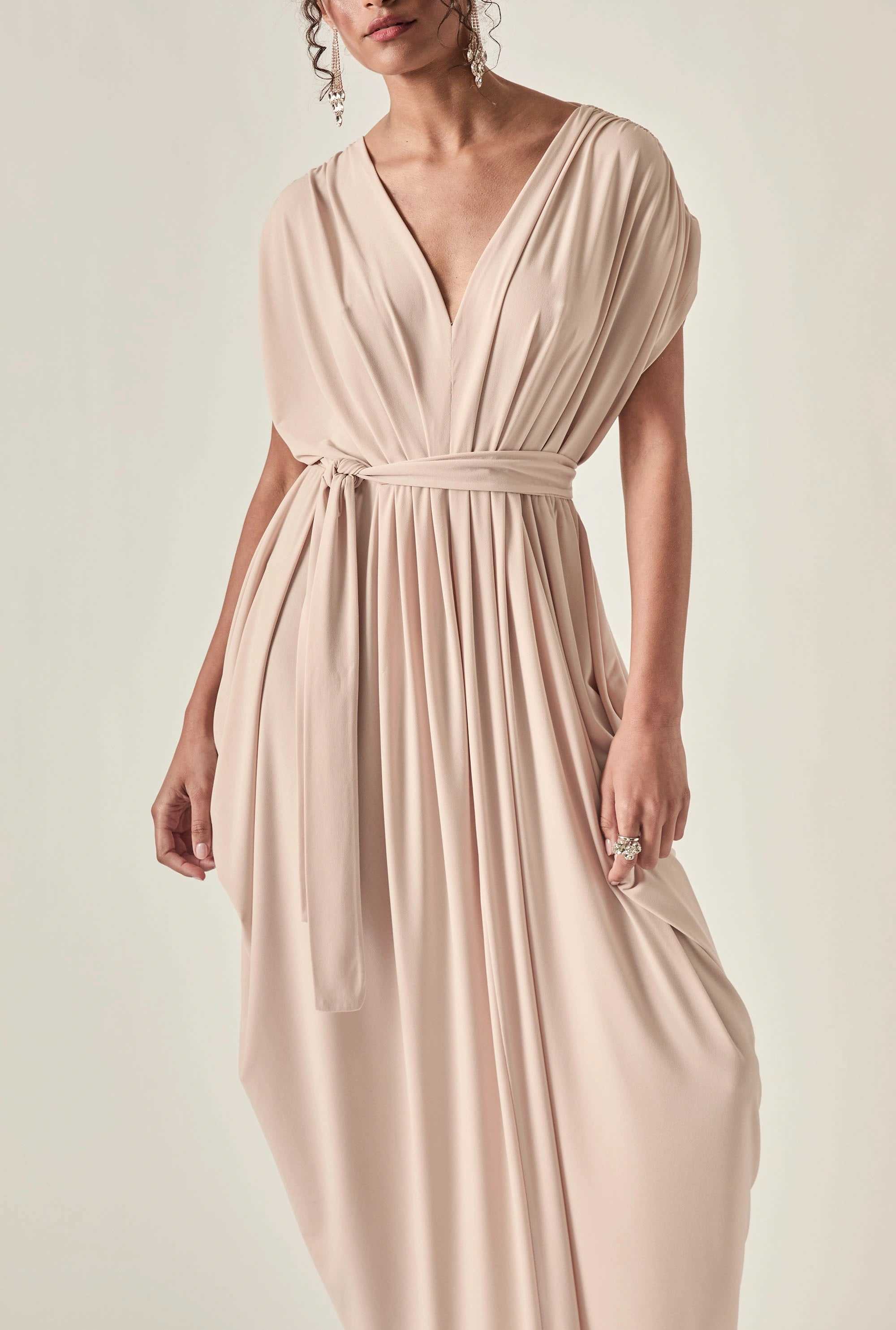 taupe satin midi dress Asymmetrical Backless Halter Satin Cowl Neck, Abigail Cowl Midi Dress in Taupe, Size S, For Cocktail