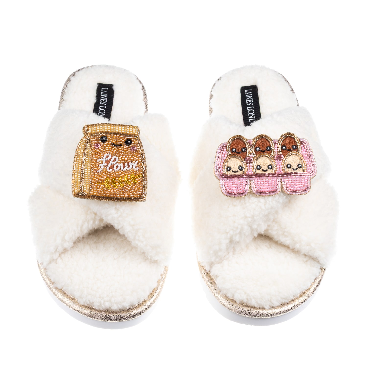 Laines London Women's Neutrals / White Laines Boucle Slippers With Laines Lovables Egg & Flour Brooches - Cream In Neutral