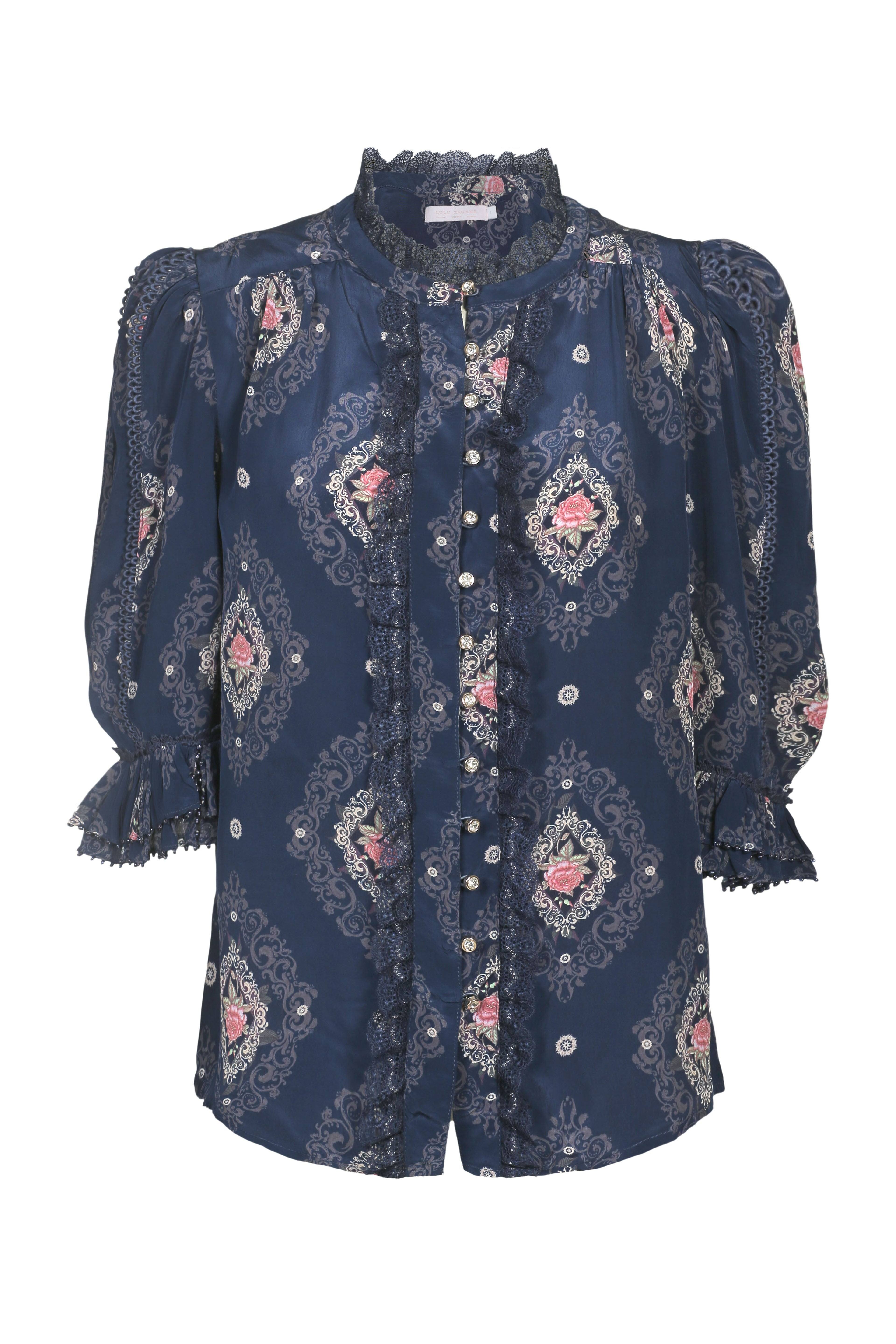 Lulu Zagame Women's Pink / Purple Beaded Sleeve Blouse Navy Diamond & Navy Patchwork In Pink/purple