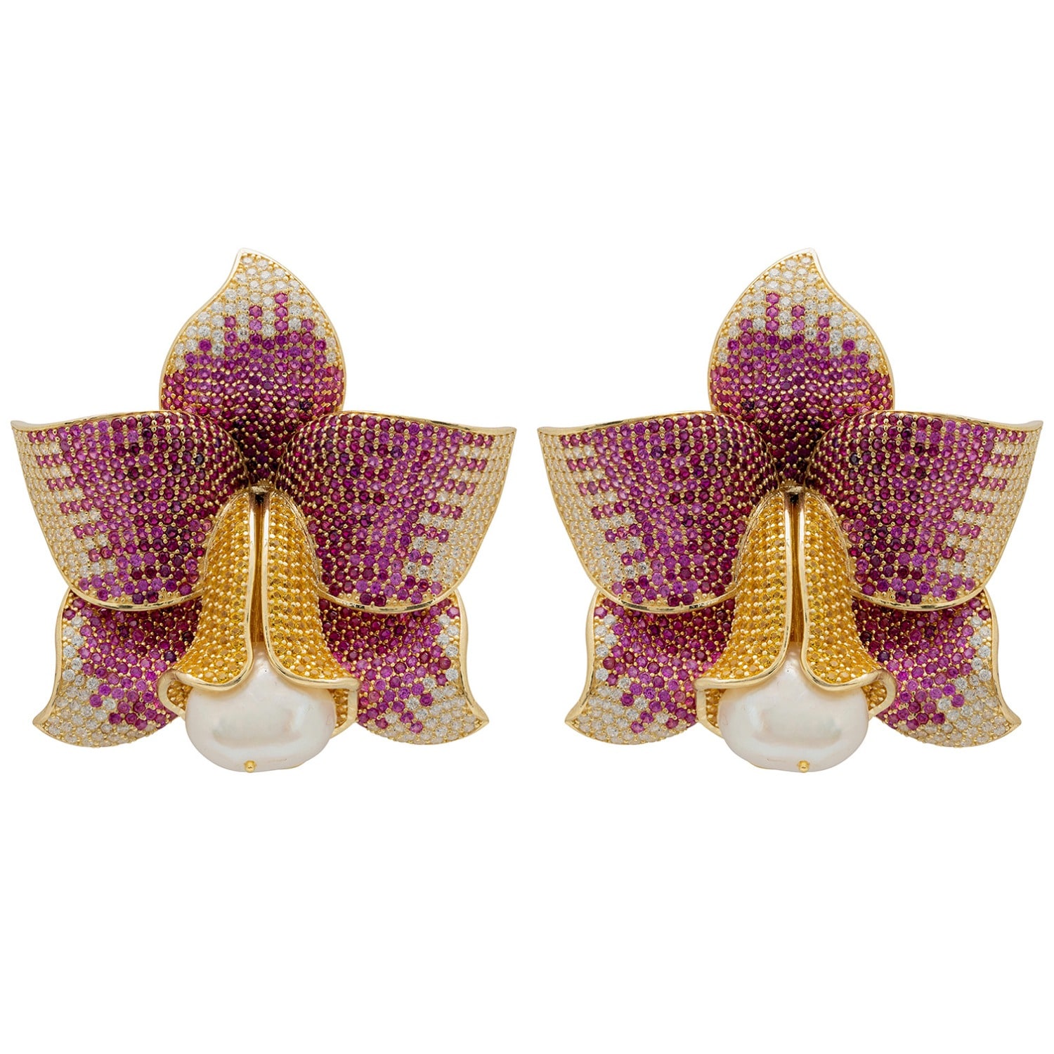 Latelita Women's White / Yellow / Pink Daffodil With Pearl Clip On Earrings Gold Ruby Cz In Multi
