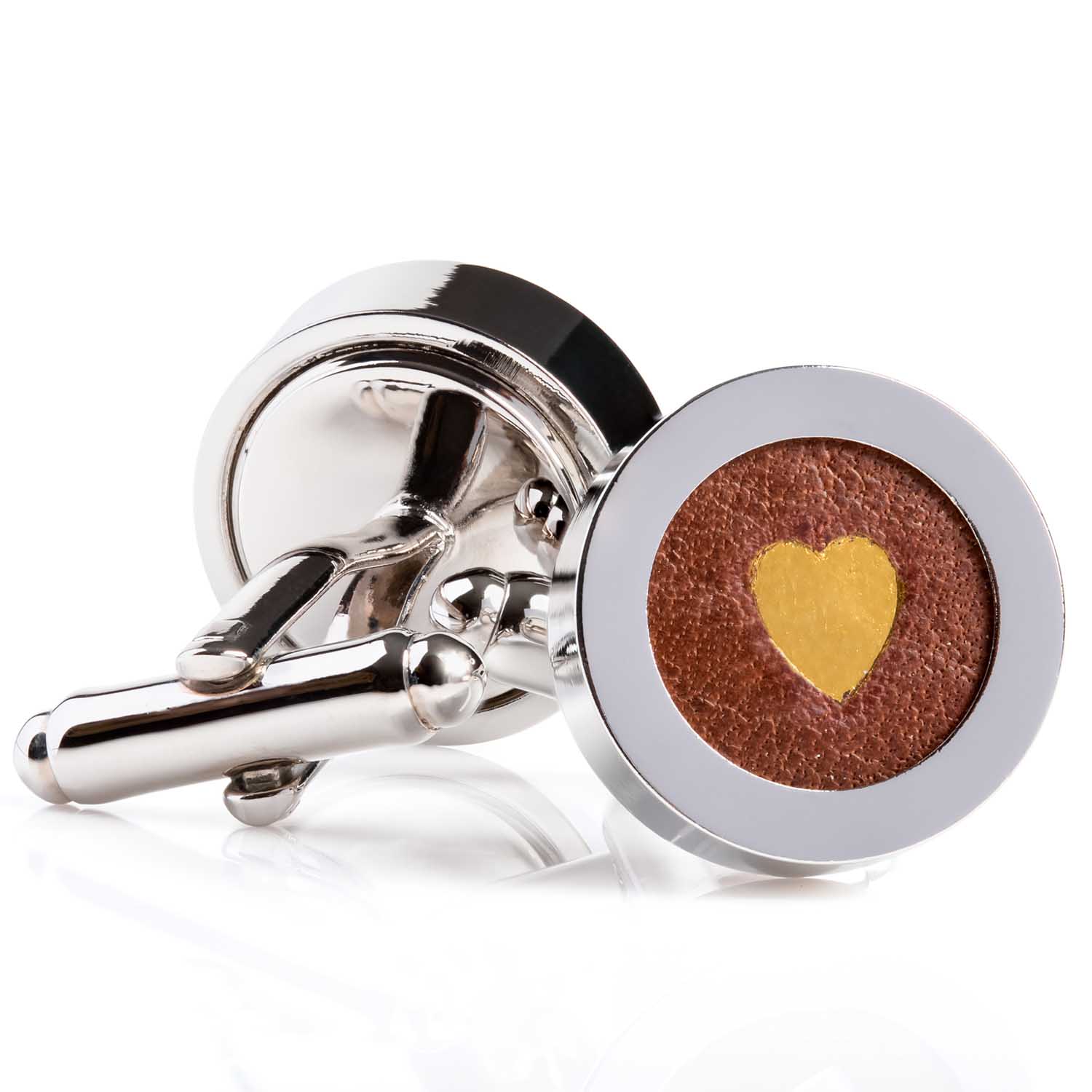N'damus London Men's Brown / Gold Regent Brown Leather Gold Heart Cufflinks