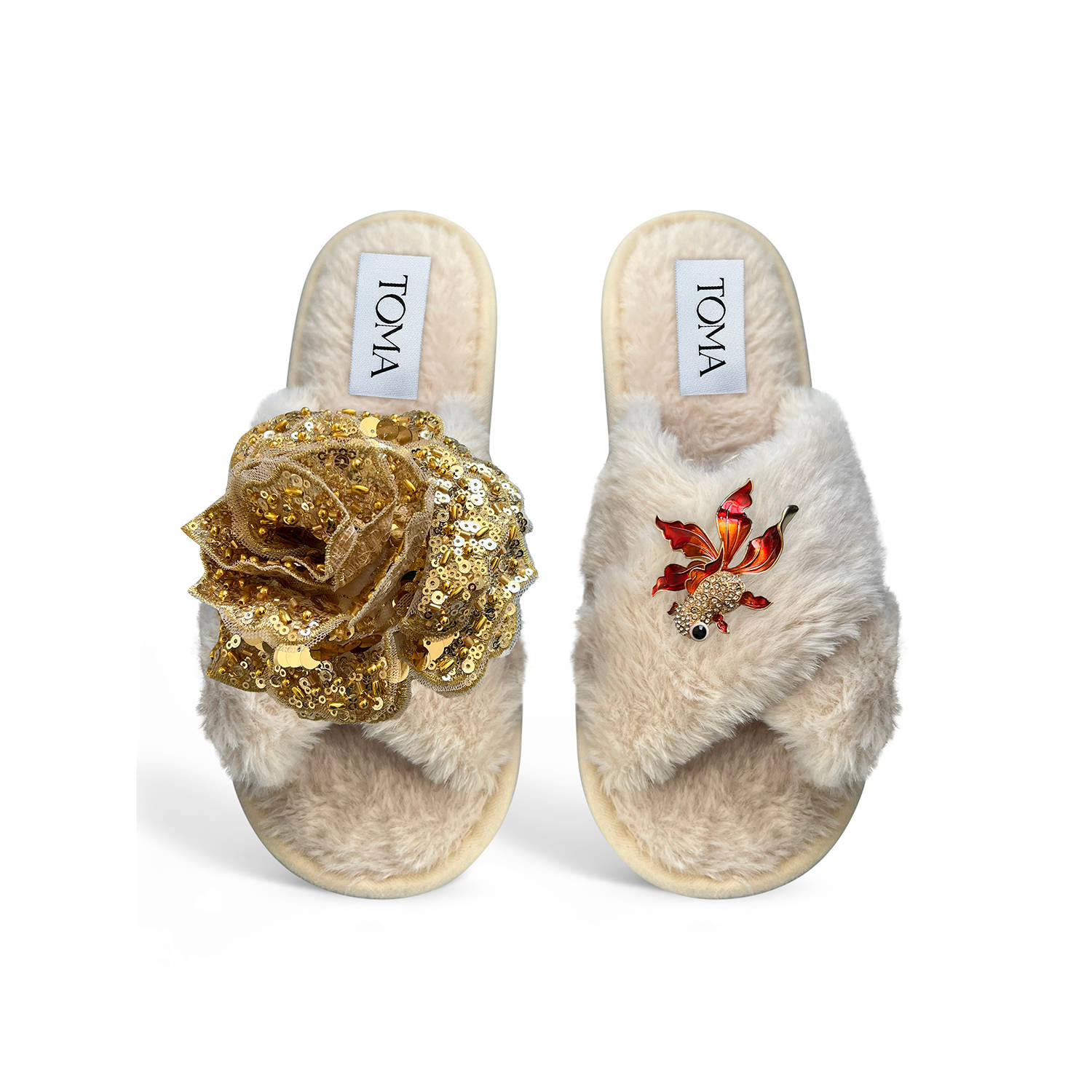 Toma Women's Neutrals Classic  Faux Fur Open Toe Gold Sequin And Brooch Beige Slippers In Neutral