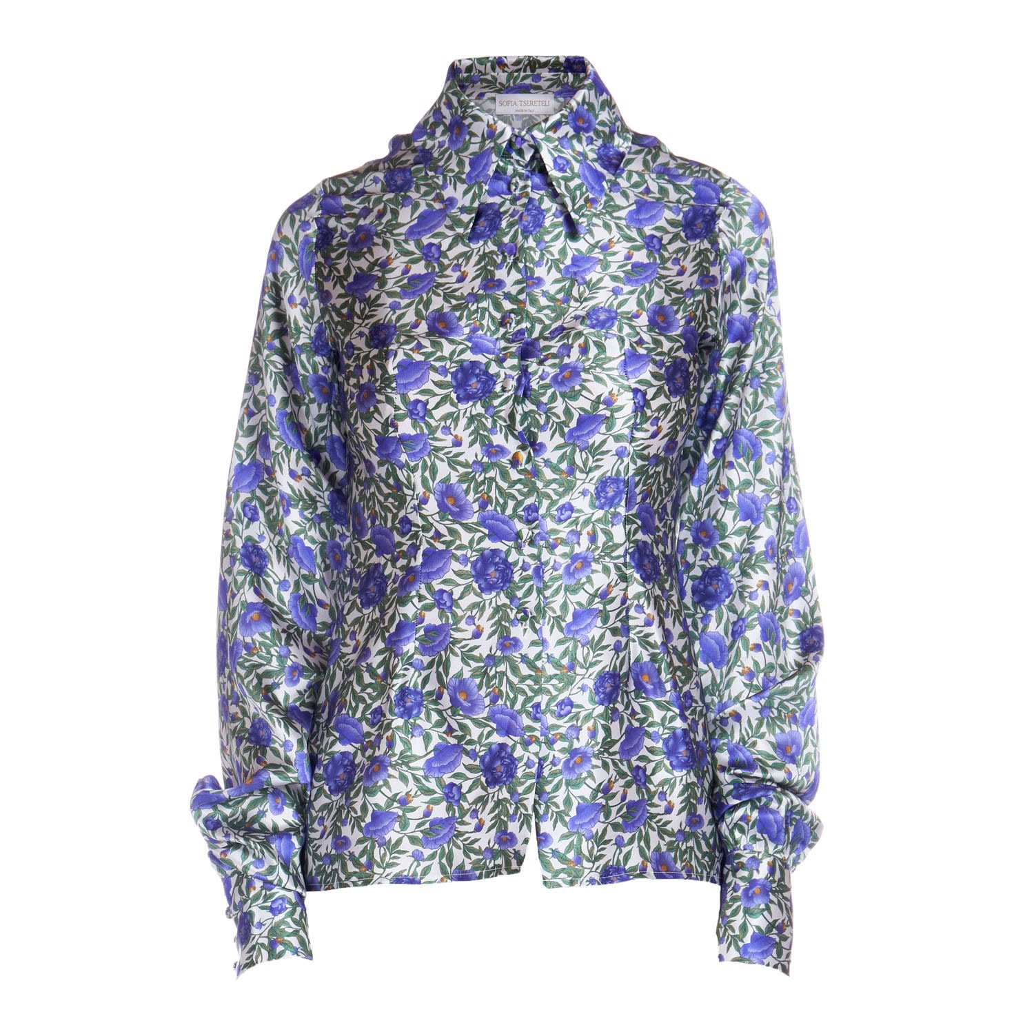 Sofia Tsereteli Silk Shirt In Purple Botanica Print In Green/pink/purple
