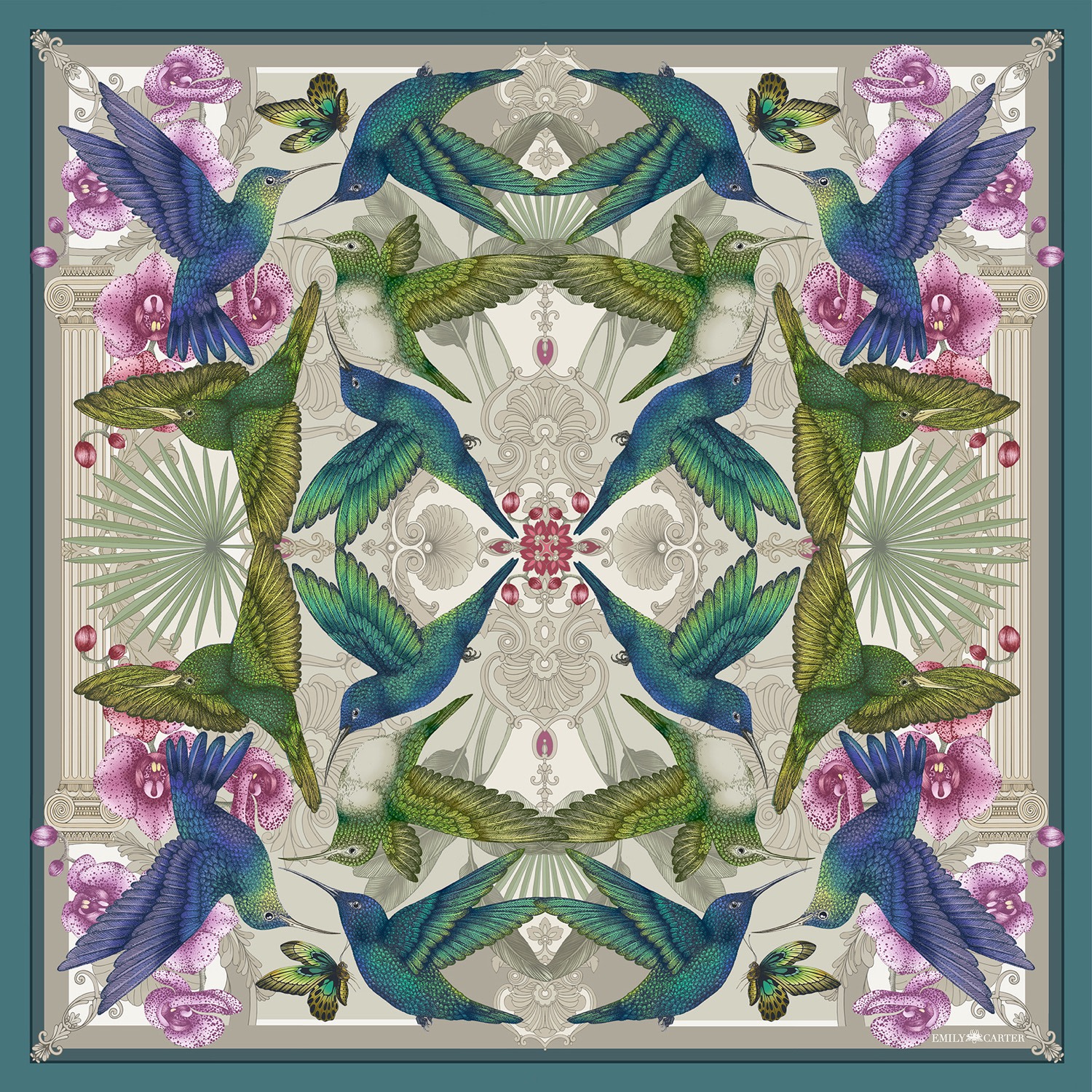 Emily Carter Women's Green / Grey The Hummingbird Temple Silk Scarf - L In Multi