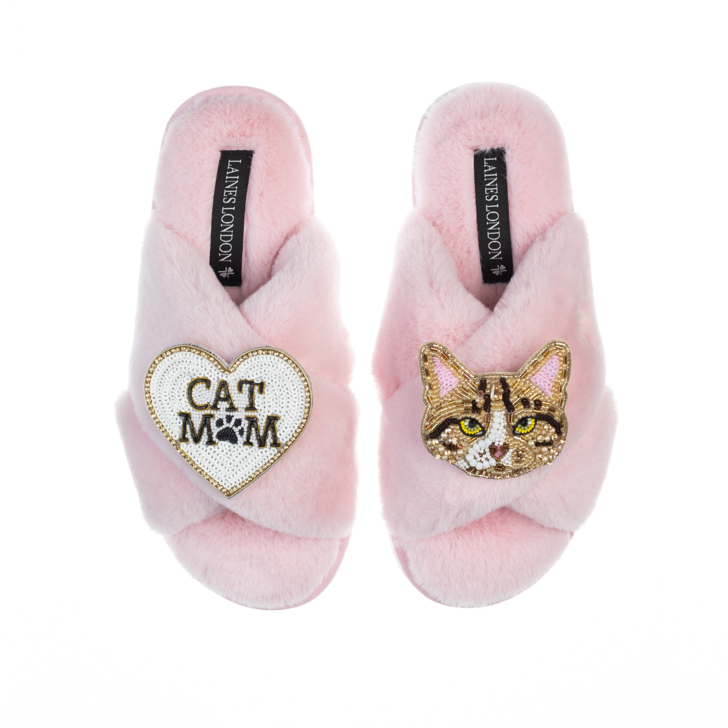 Women's Classic Laines Slippers With Cat Mum / Mom & Tabby The Ginger Cat Brooches - Pink | Large | Laines London