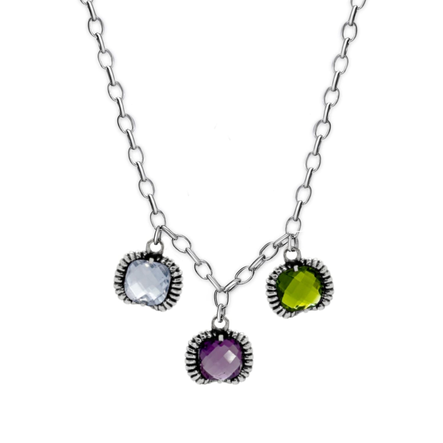 Unaloe Women's Blue / Green / Pink Fantasy Necklace Silver– Timeless Elegance With Three Crystal Blue-purpl
