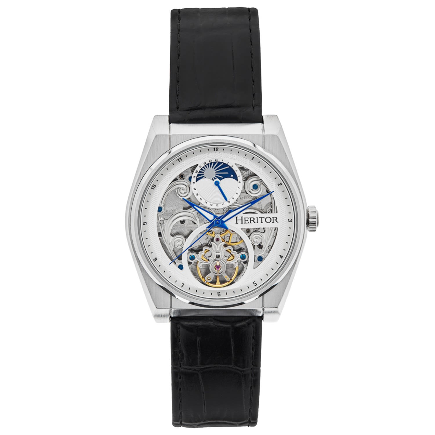 Men’s White / Silver Daxton Leather-Band Skeleton Watch With Moon Phase - Silver, White Heritor Automatic