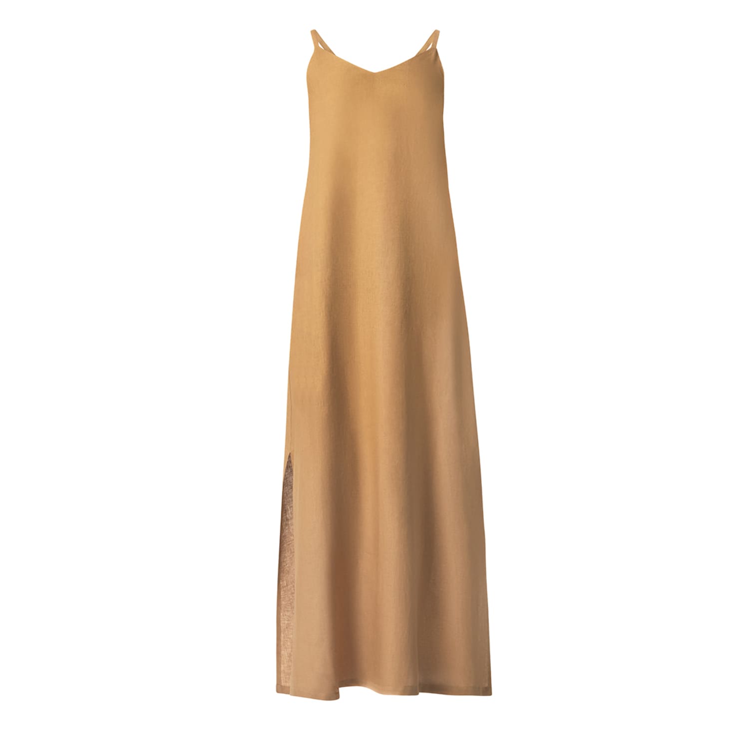 Haris Cotton Women's Brown Strapped Linen Dress With Side Slits Camel In Brown