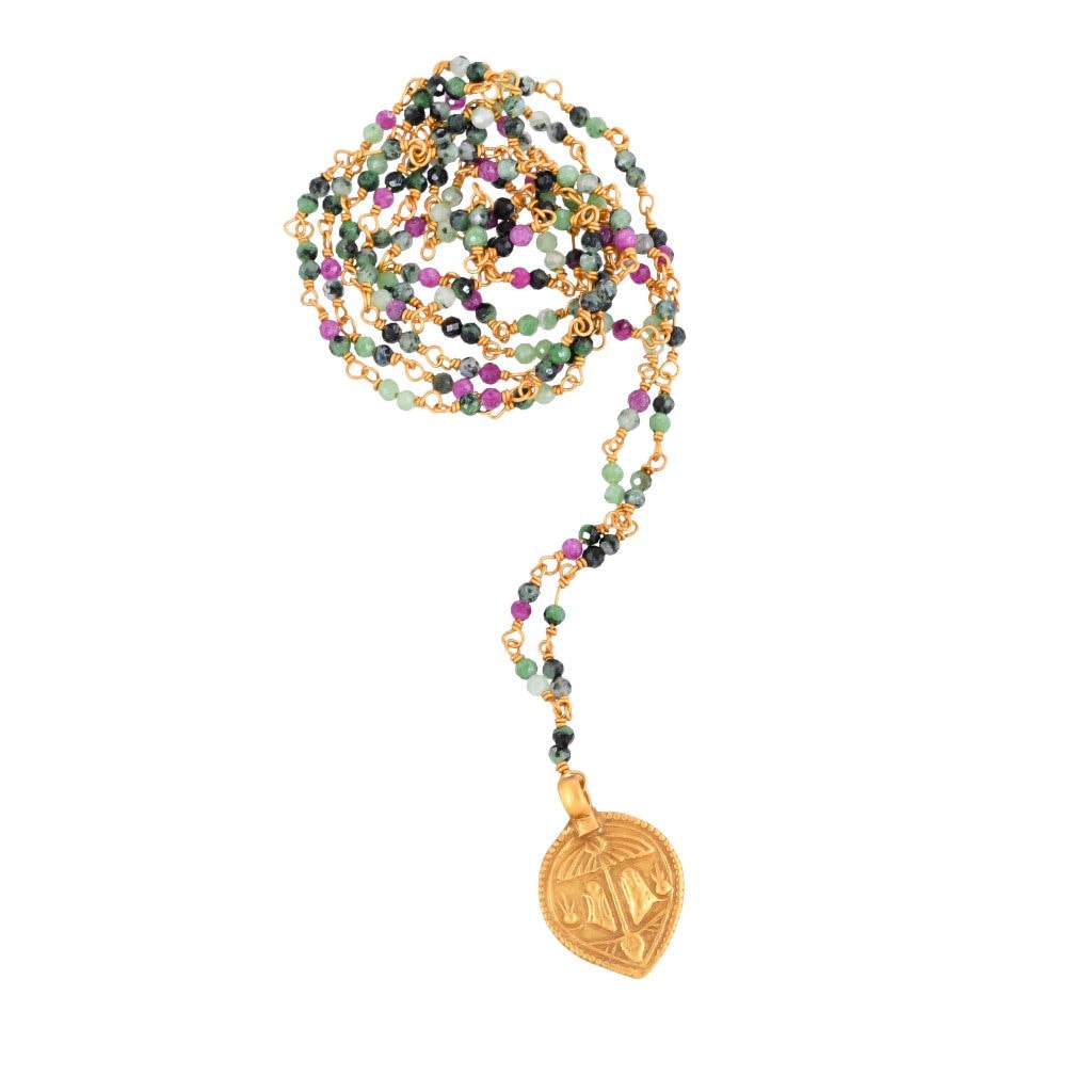 Opium Jewels Women's Green / Red / Gold Mala Necklace With Faceted Ruby Zoisite Stones & Vintage Vishnu Pendant G