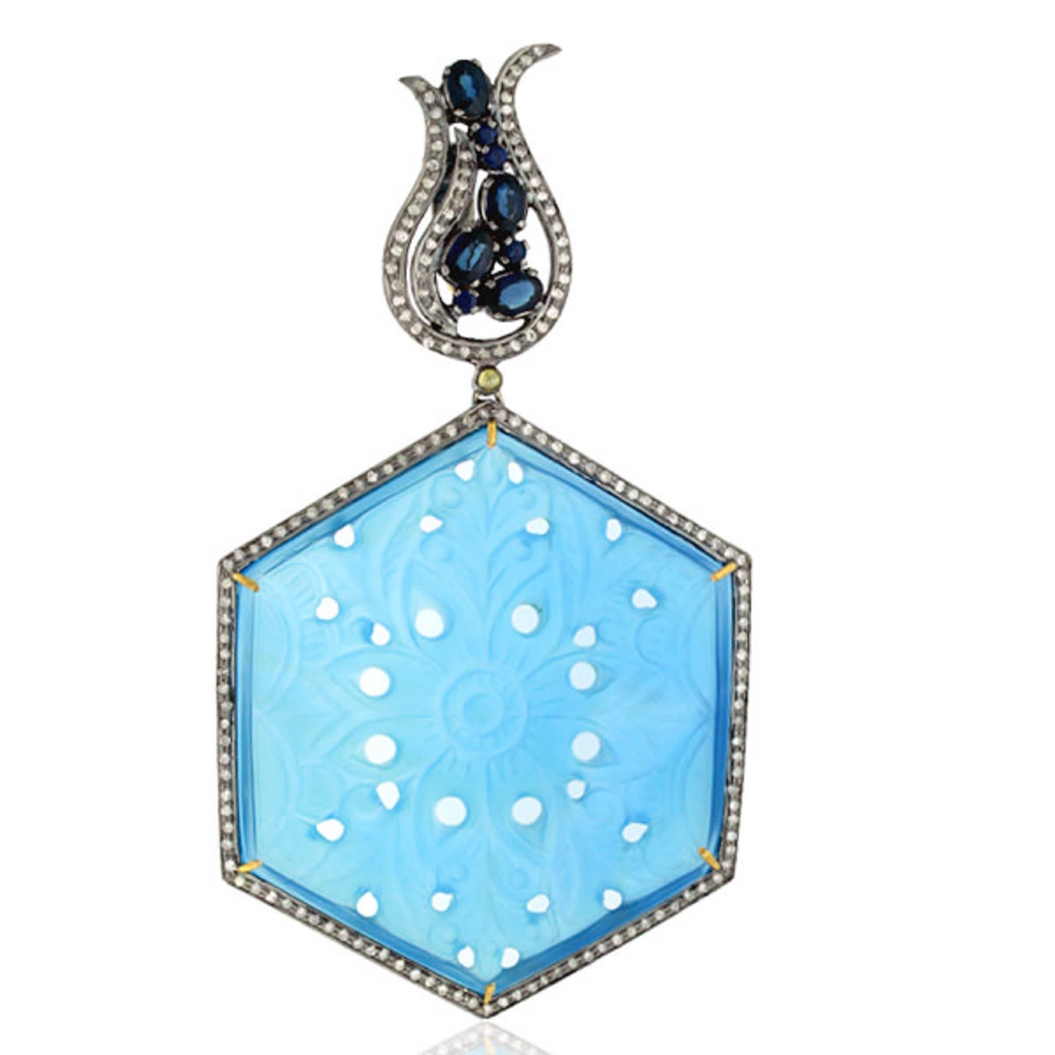 Women’s Gold / Blue Carved Agate & Blue Sapphire Pave Diamond In 18K Gold With 925 Silver Dangle Earrings Artisan