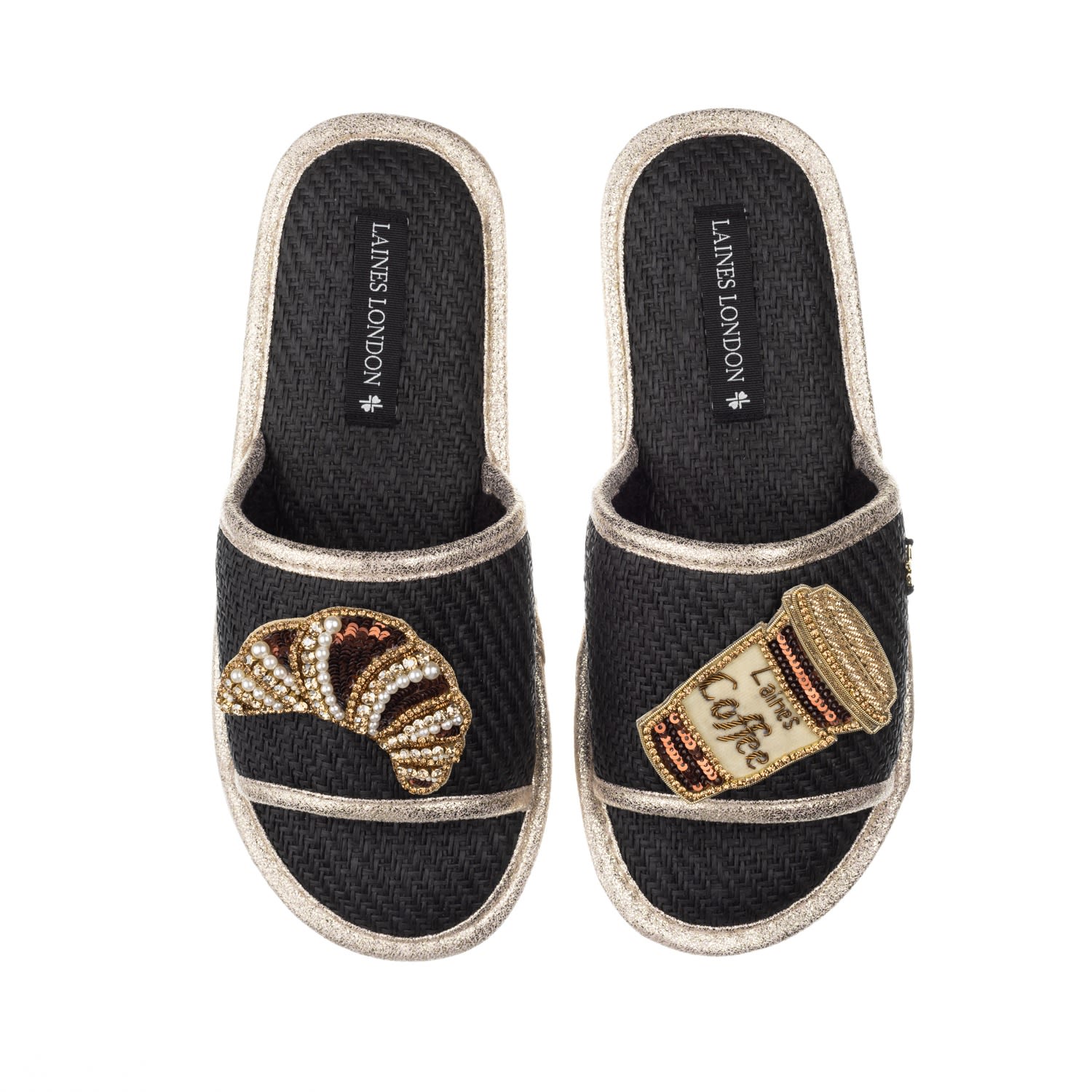 Laines London Women's Straw Braided Sandals With Handmade Coffee & Croissant Brooches - Black In Multi
