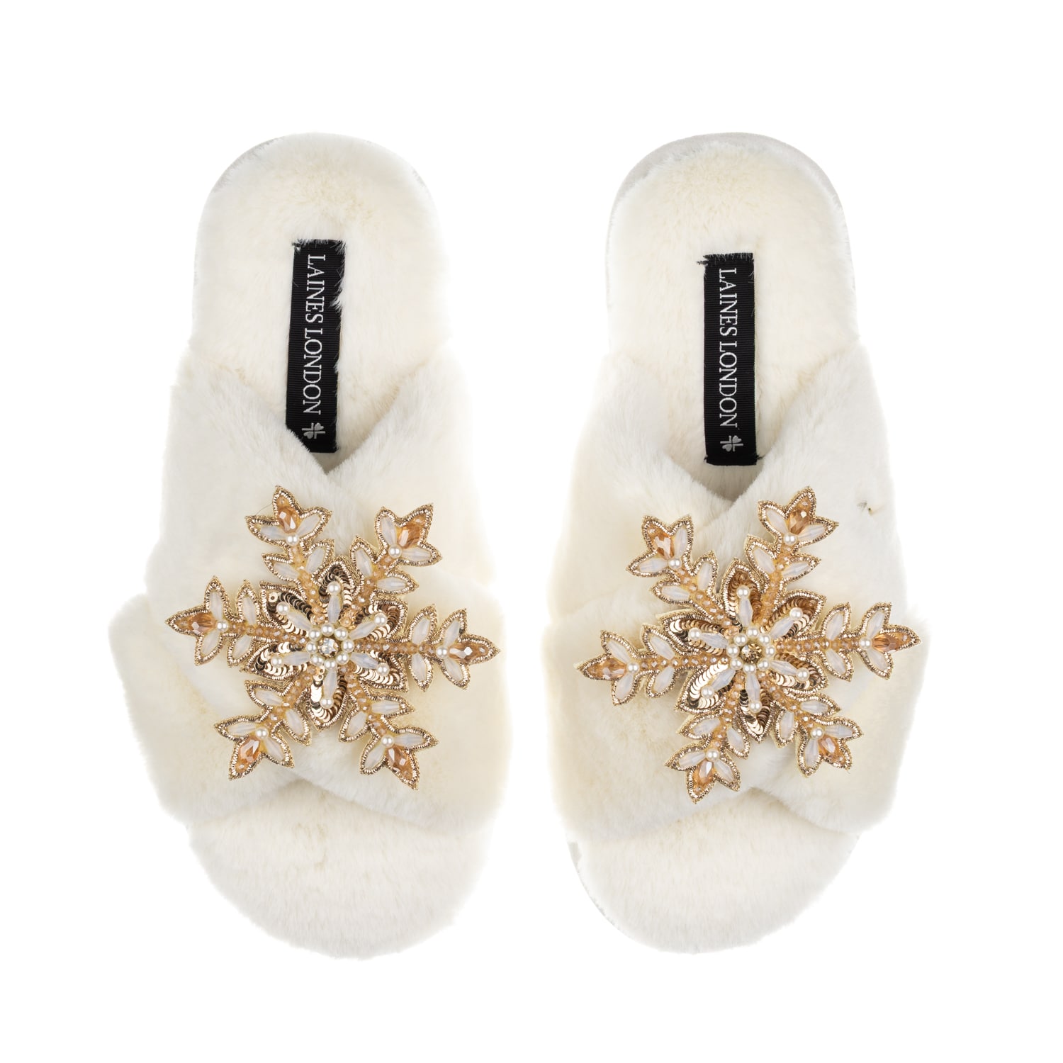 Laines London Women's Neutrals / White Classic Laines Christmas Collection Slippers With Double Cream & Gold Snowf In White