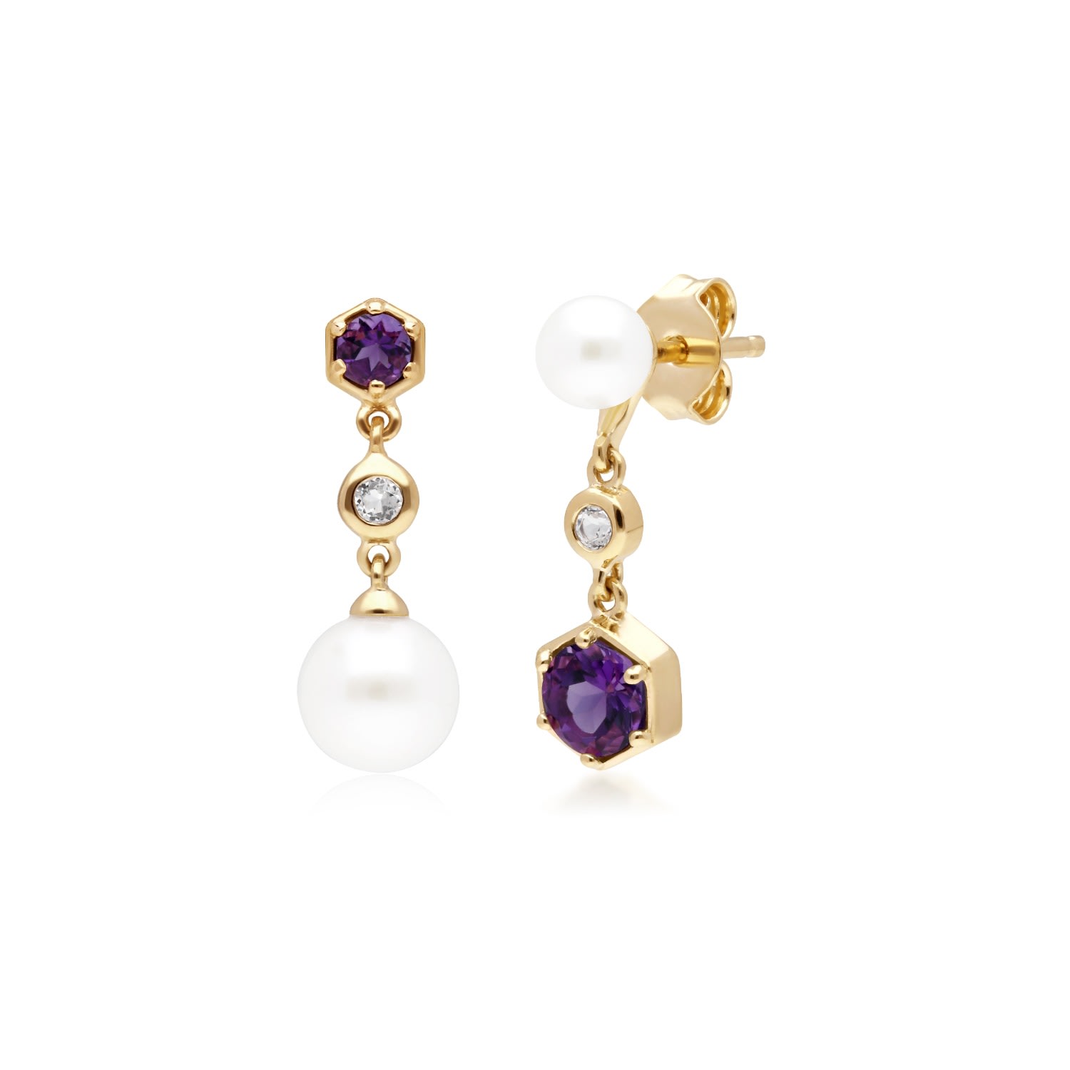 Women’s Pink / Purple Modern Pearl, Amethyst & Topaz Mismatched Drop Earrings In Yellow Gold Plated Silver Gemondo