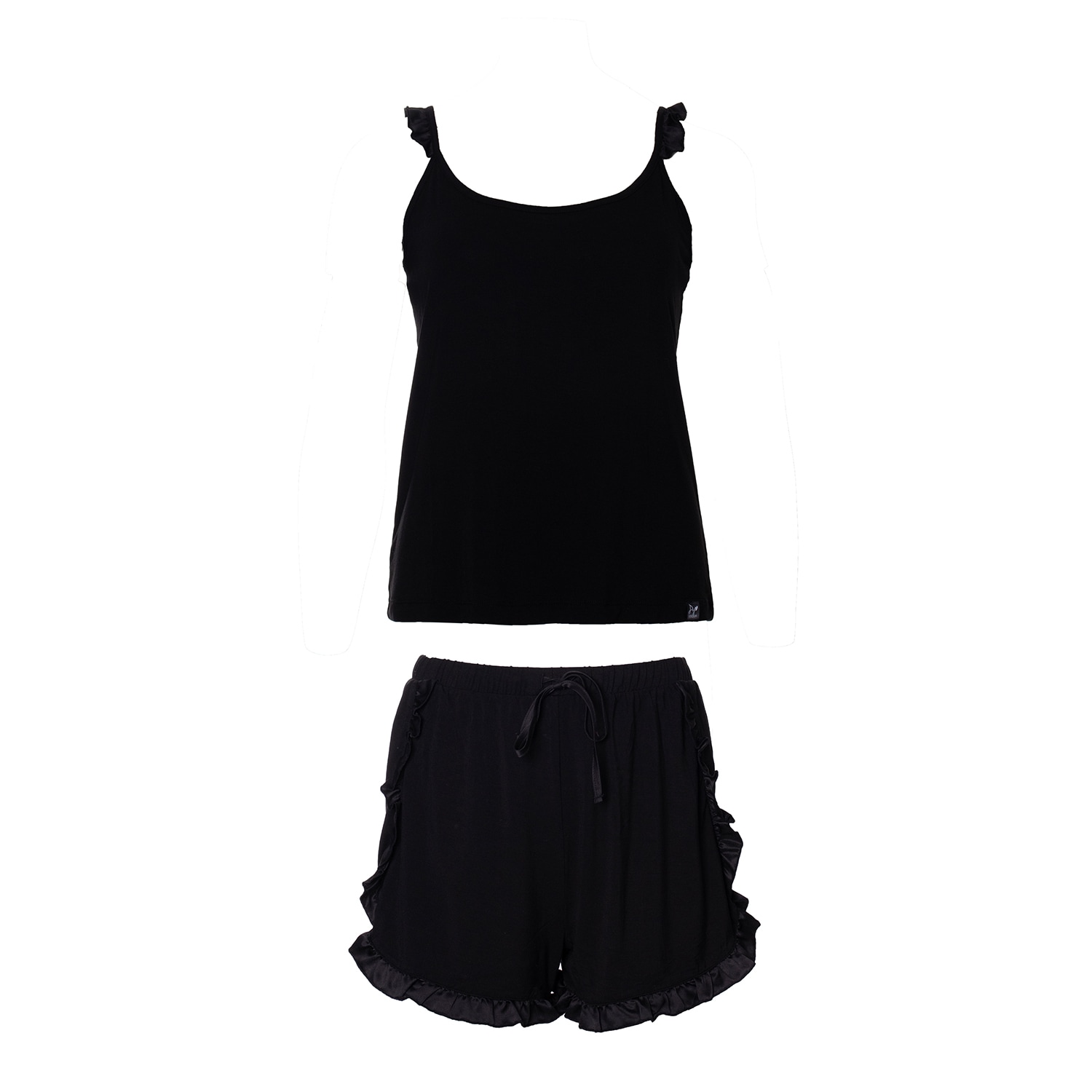Pretty You Women's Bamboo Frill Cami Short Pyjama Set In Black In Black