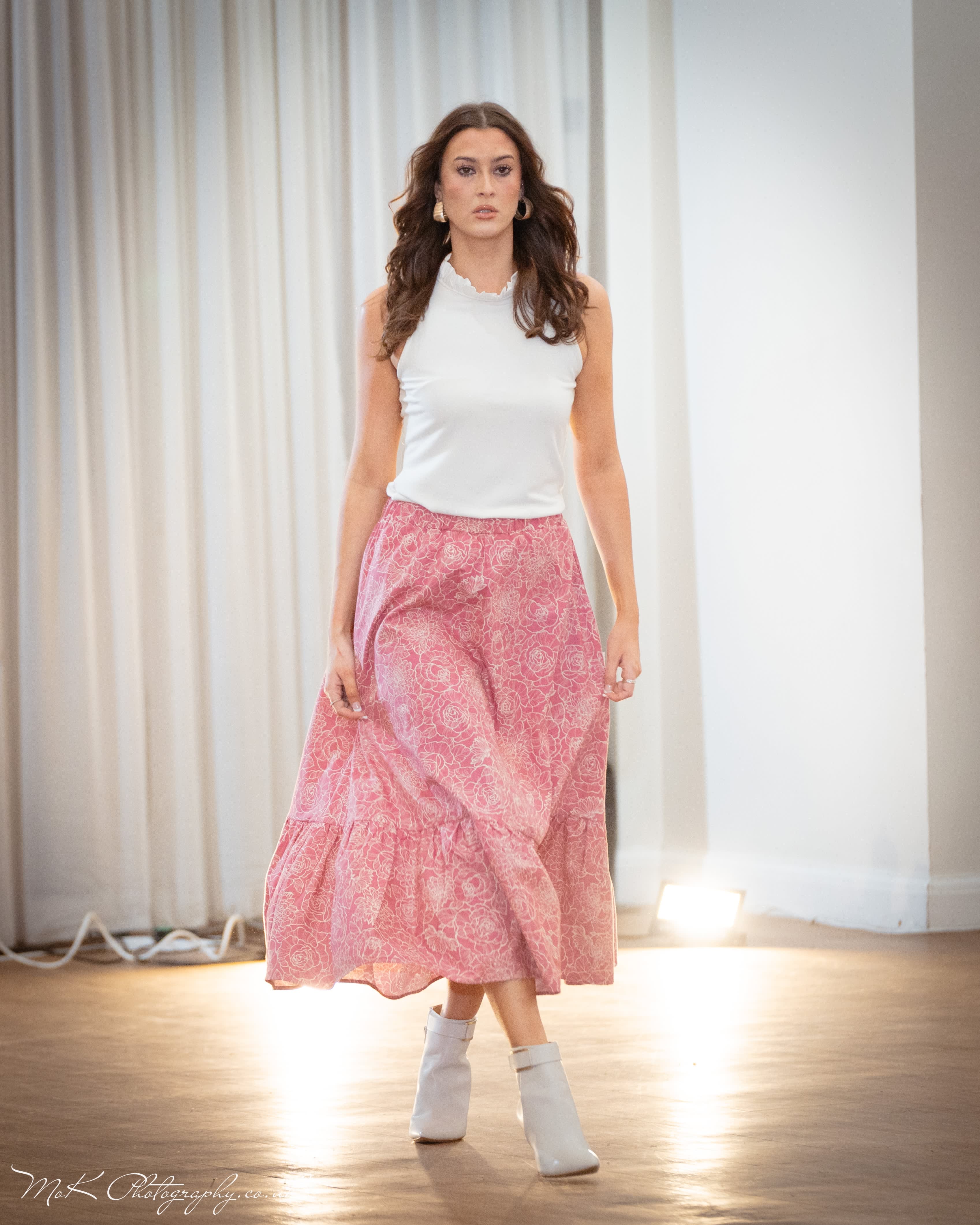 Boho Gathered Midi Skirt With Pockets In Rose Pink Floral