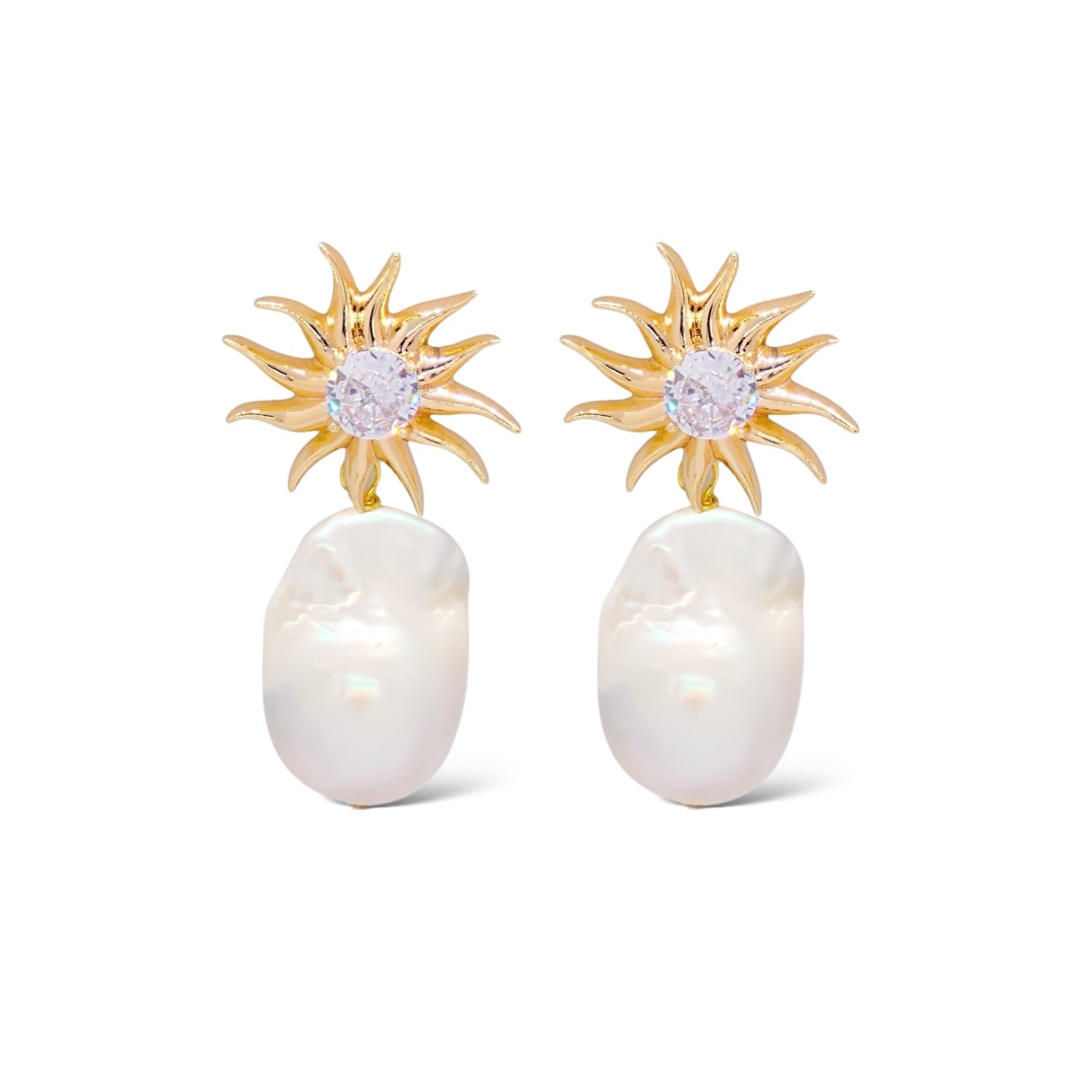 Valerie Chic Women's Gold / White Crystal Sun Baroque Pearl Earrings 18k Gold