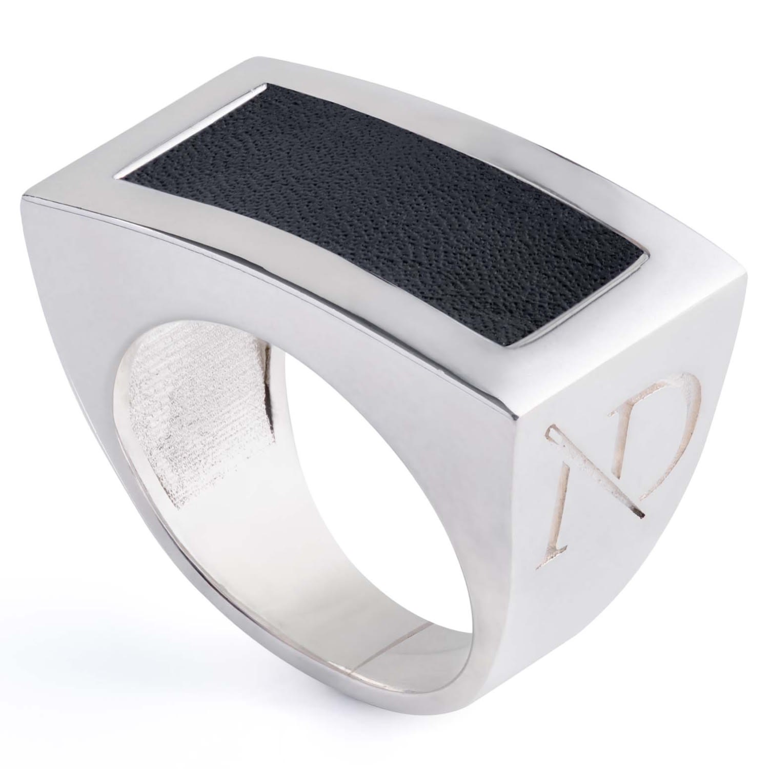 N'damus London Men's Silver / Black Hatton Sterling Silver Black Leather Ring