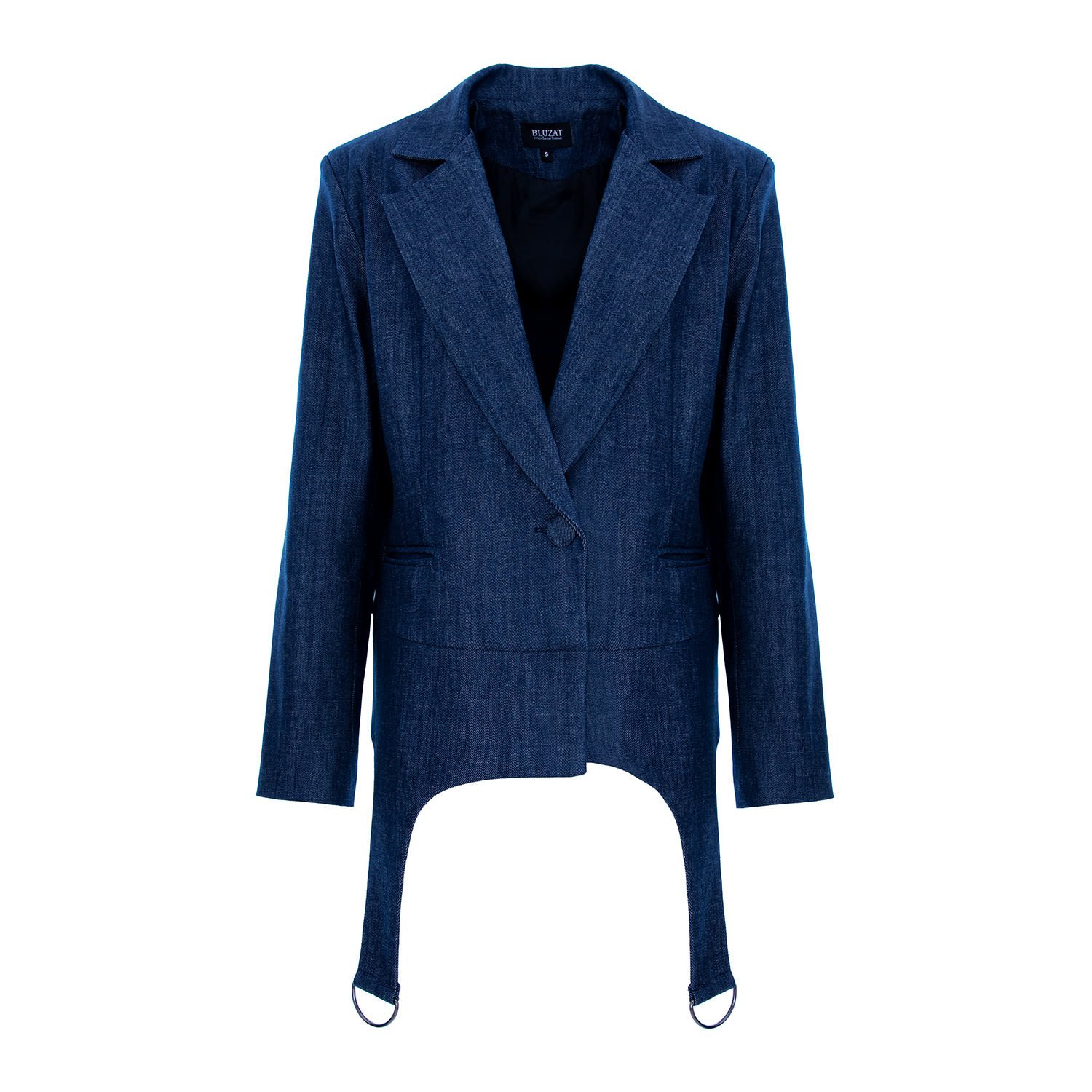 Bluzat Women's Blue Denim Blazer With Decorative Rings In Blue