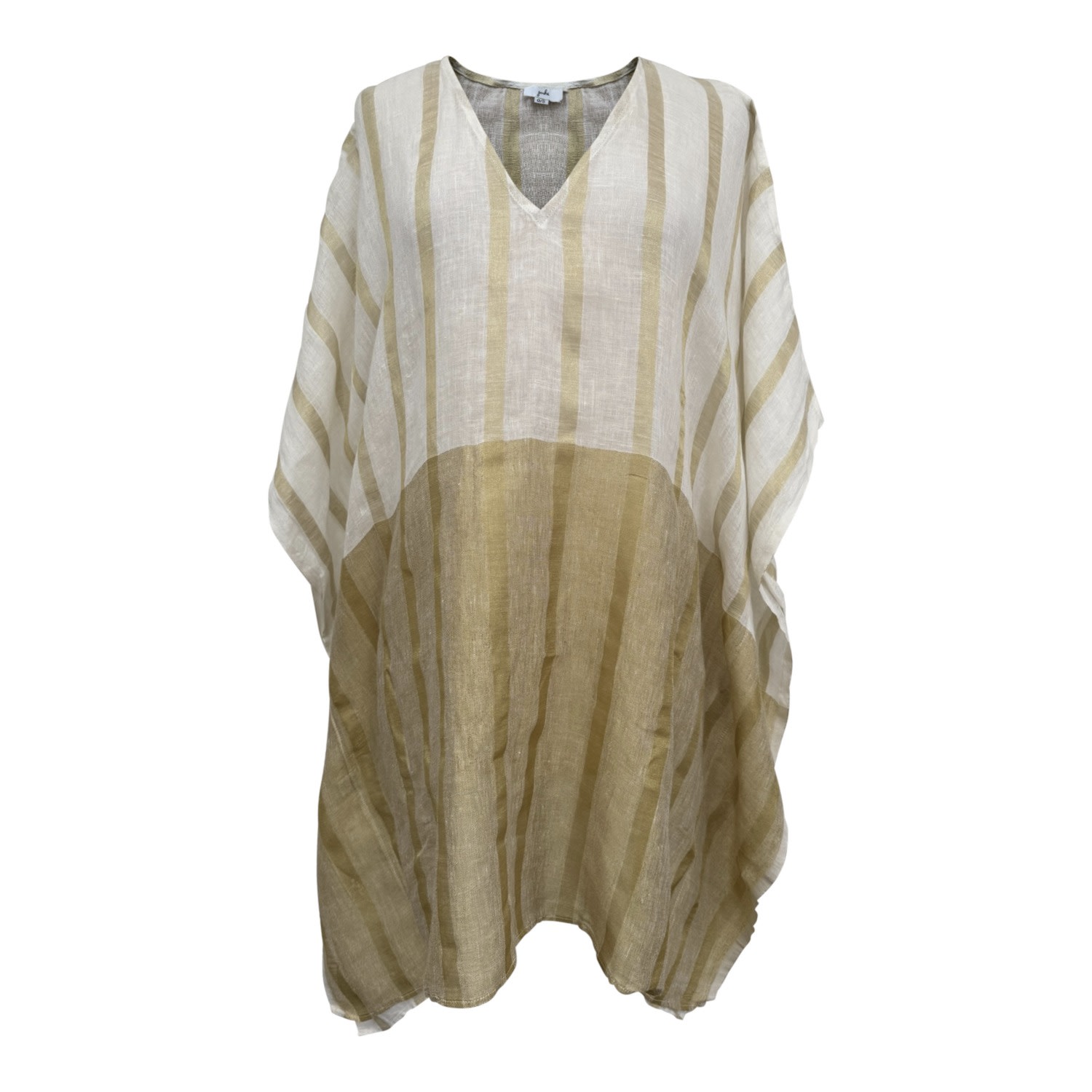 Kali Joshi Women's White V Neck Gold Stripes Linen Kaftan Short