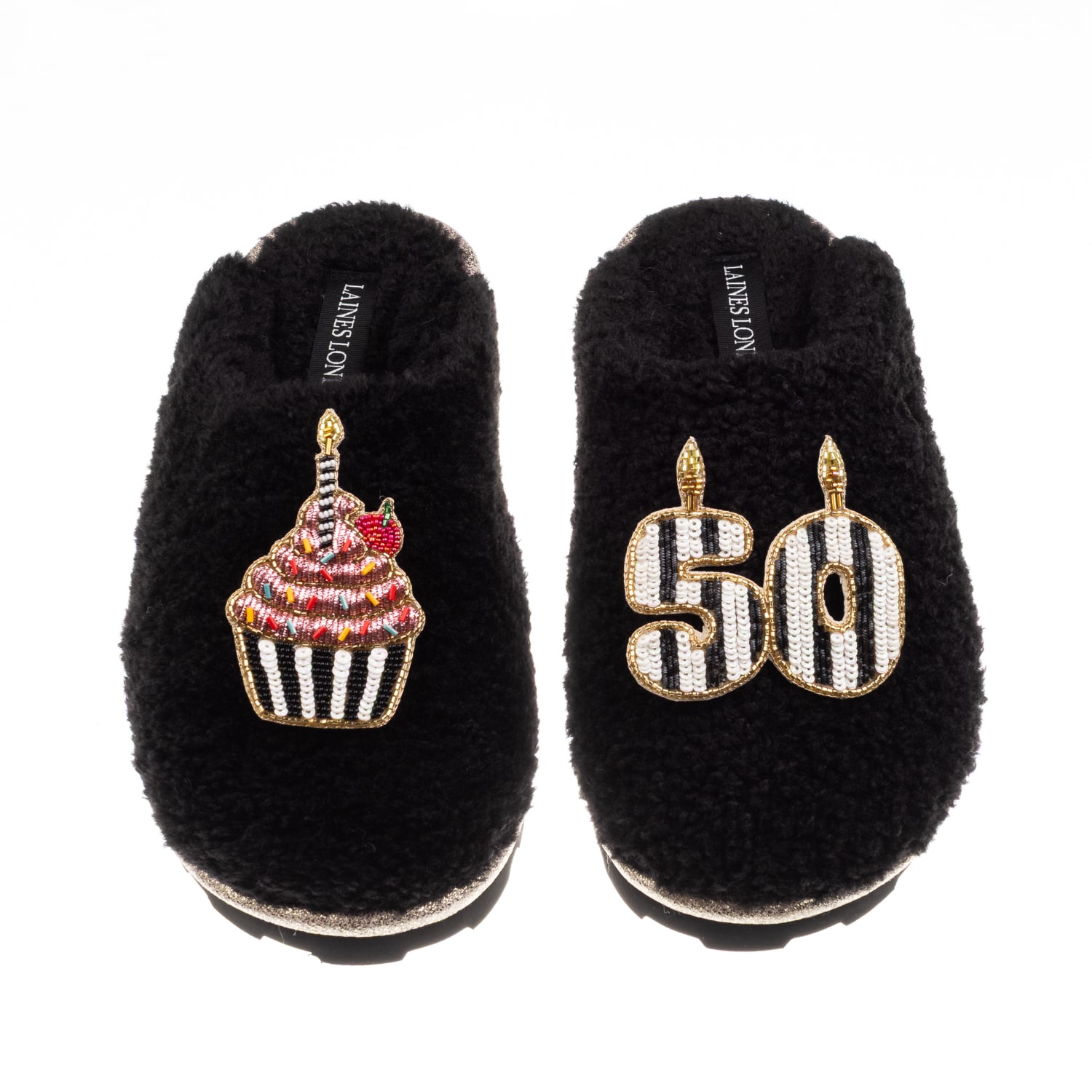 Laines London Women's Black Teddy Closed Toe Slippers With Stripe 50th Birthday & Brooches In Black