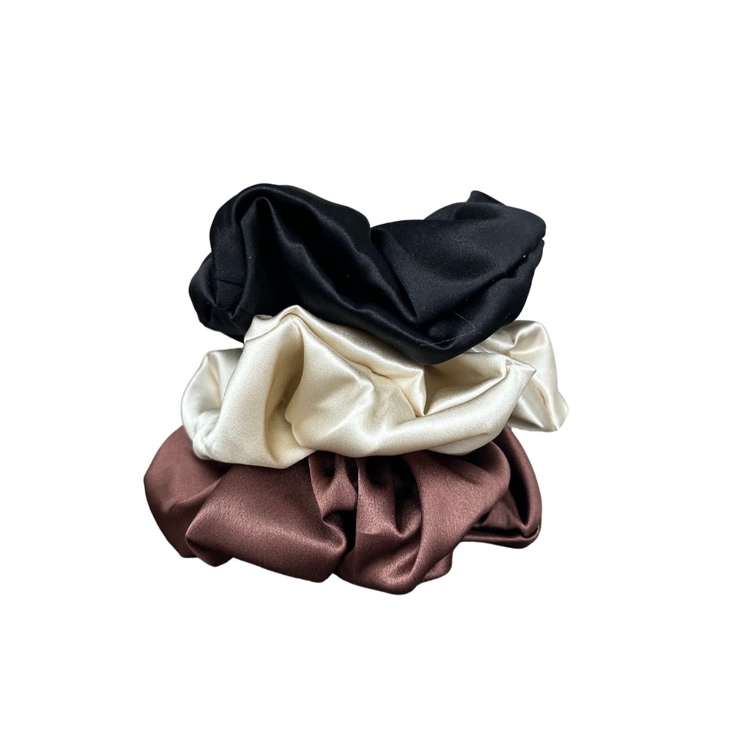 Marche' Du Luxe Women's Brown / Neutrals / Black Pure Mulberry Silk Scrunchie Hair Tie Set Of Three Choco Champagne 