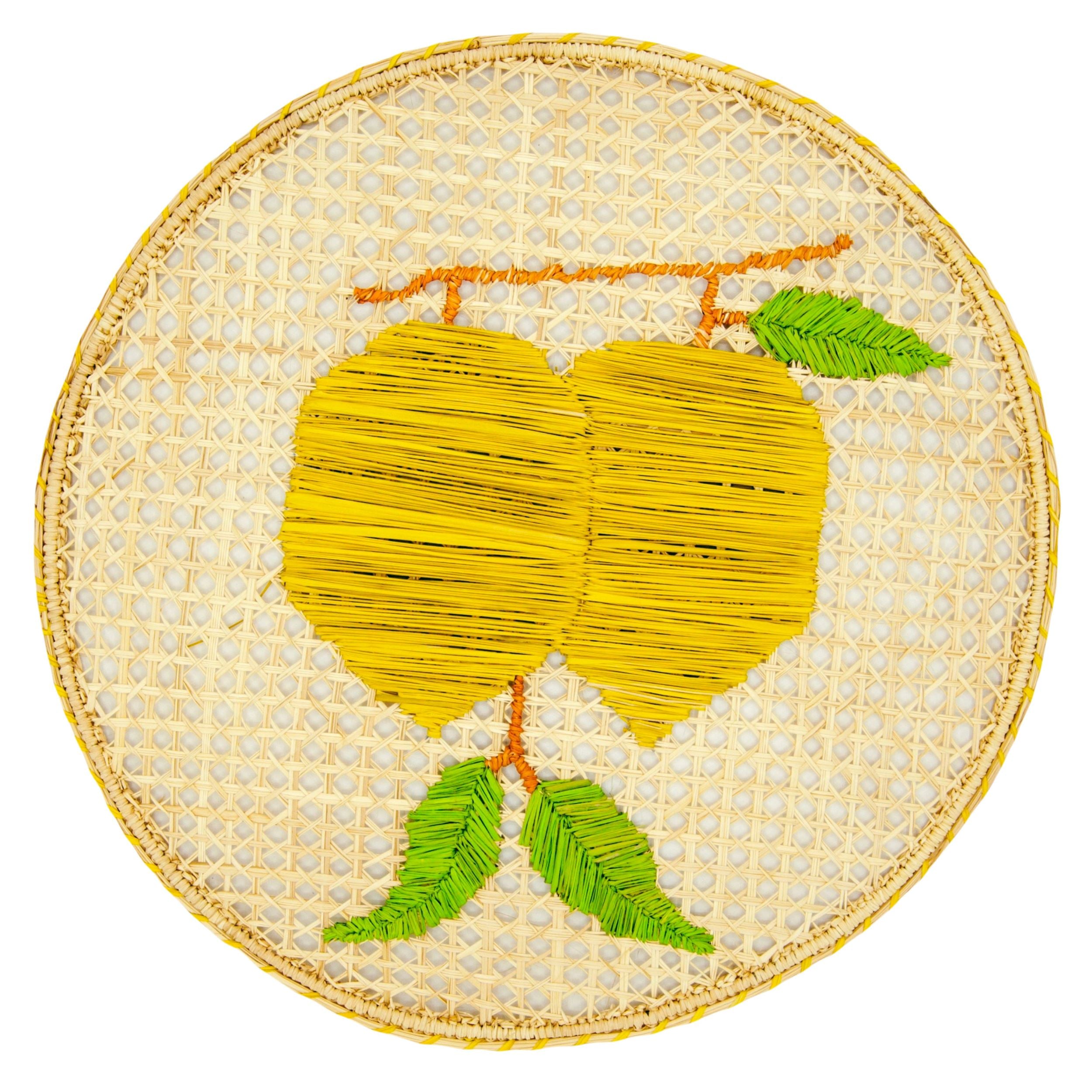 Yellow / Orange Set X 4 Natural Straw Woven Yellow Lemon Fruits Round Placemats Washein