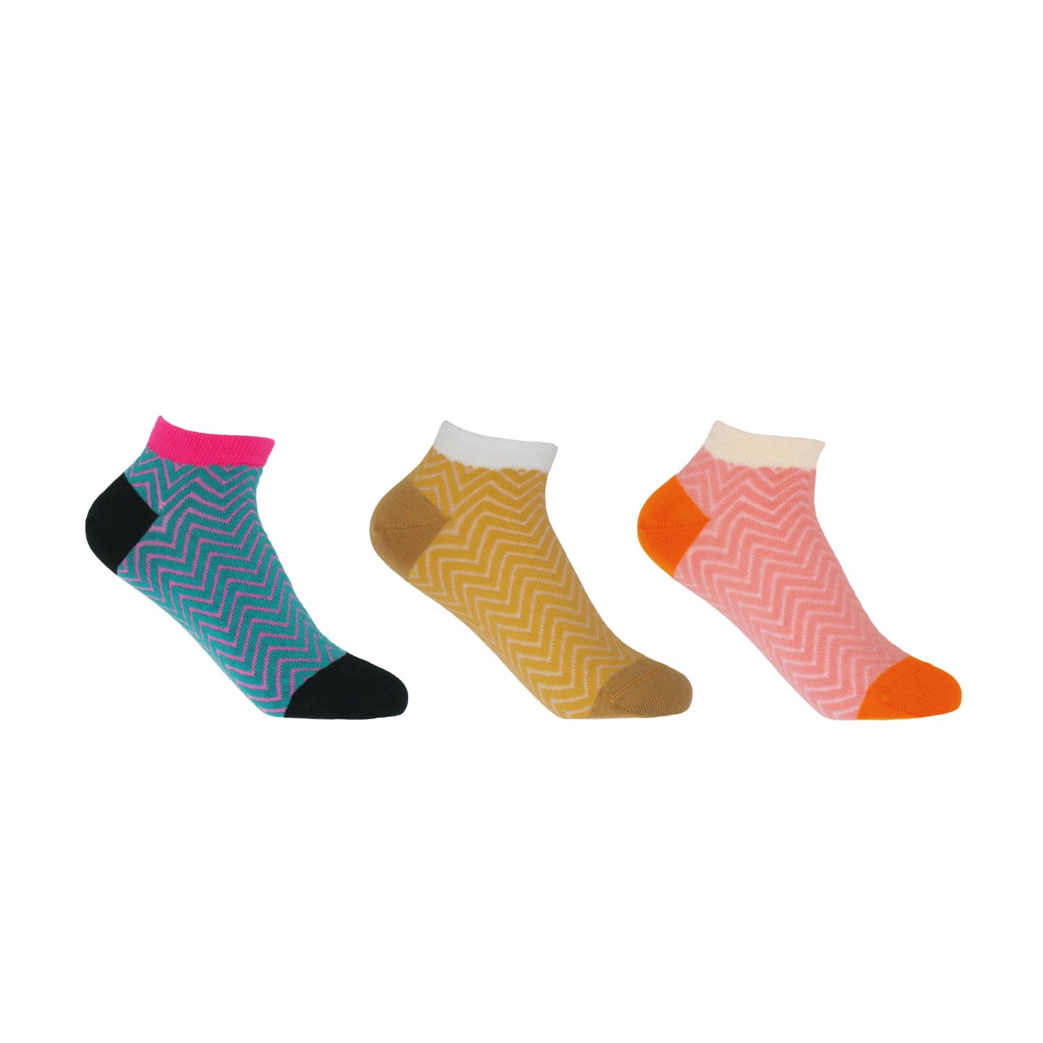 Zigzag Women’s Trainer Socks Bundle -Teal, Yellow & Pink One Size Peper Harow - Made in England