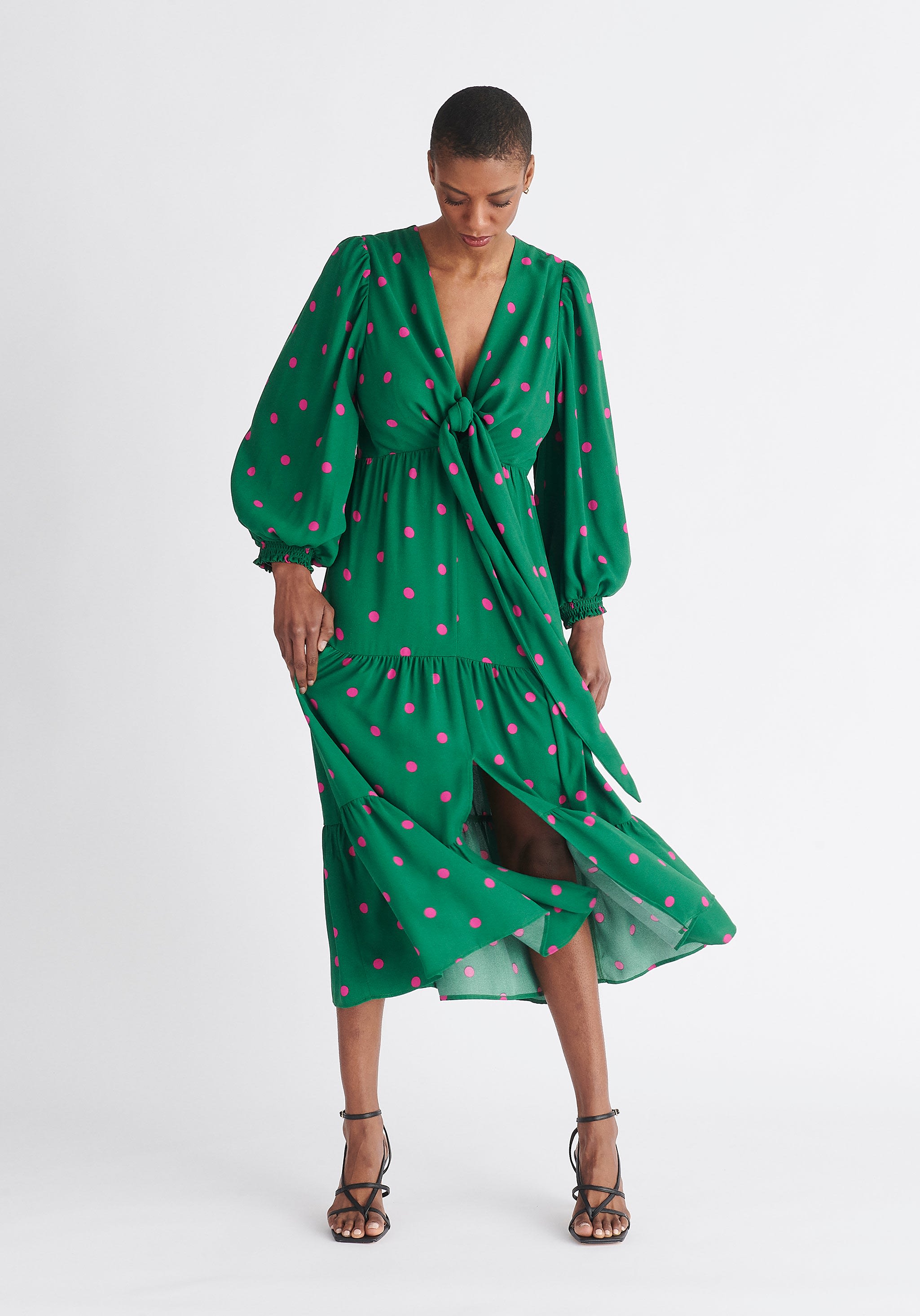 Tiered Hem Polka Dot Dress In Green And Pink | PAISIE | Wolf & Badger